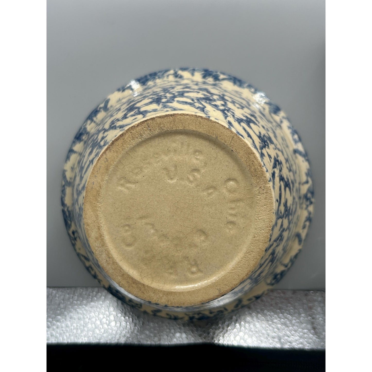 Roseville Ohio Spongeware Bowl — Blue Spatterware — Vintage Serving / Mixing Bowl — Farmhouse Pottery