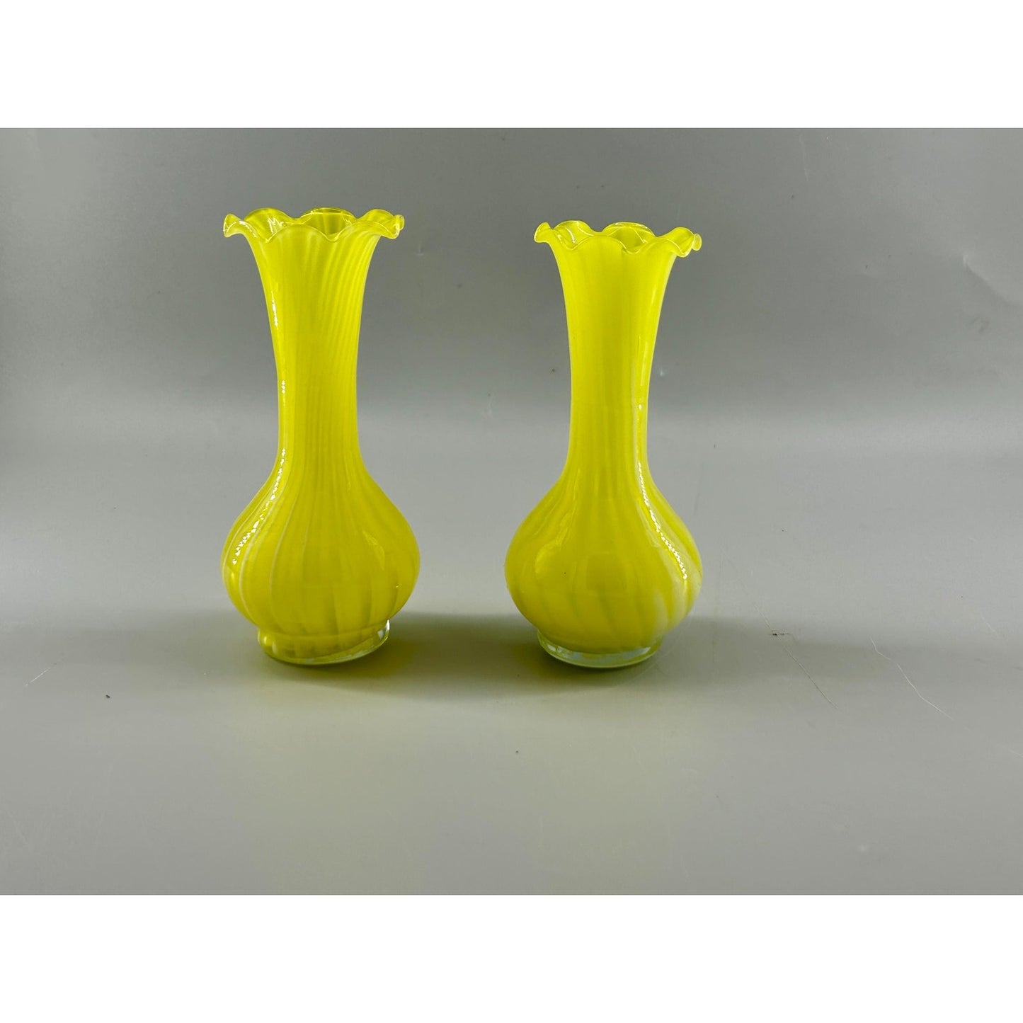 Vintage Murano Style Yellow Opaline Art Glass Bud Vases Pair Ruffled Rim Hand Blown Italy