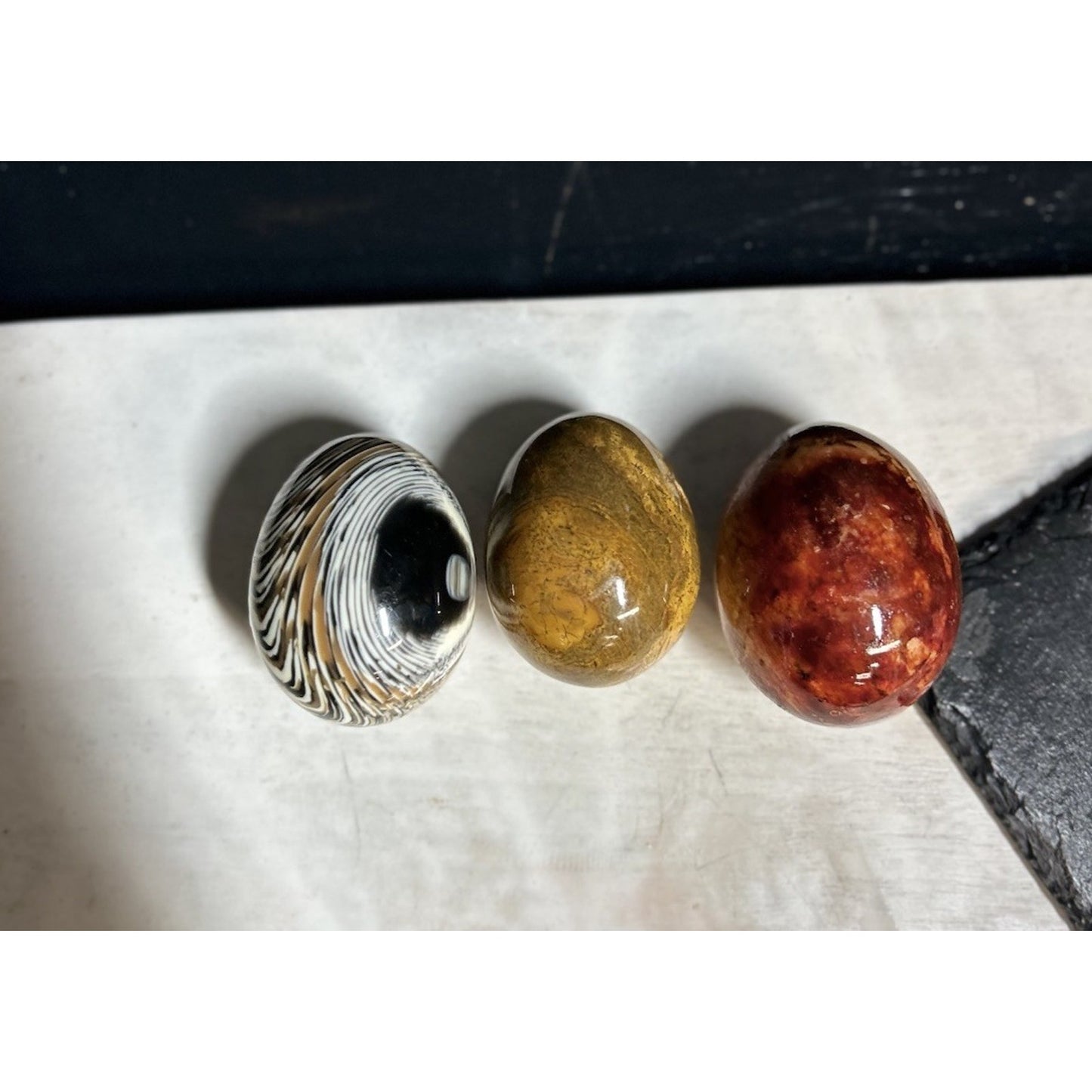 Set of 3 Polished Gemstone Eggs | Red Jasper, Yellow Jasper & Banded Agate | Healing Crystals, Mineral Decor, Collector Gift. STUNNING decor