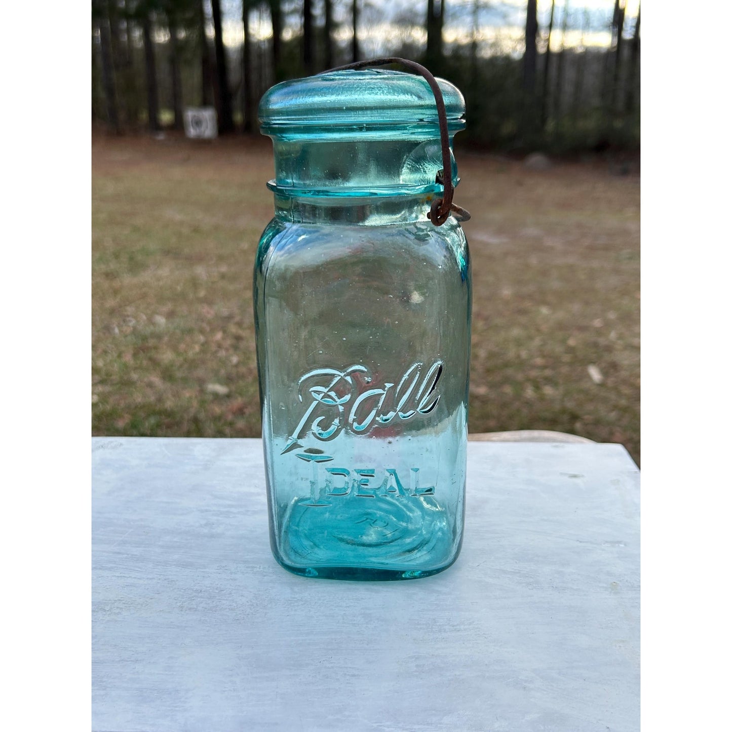 Ball Ideal Square Aqua Glass Mason Jar w/ Wire Bail & Glass Lid