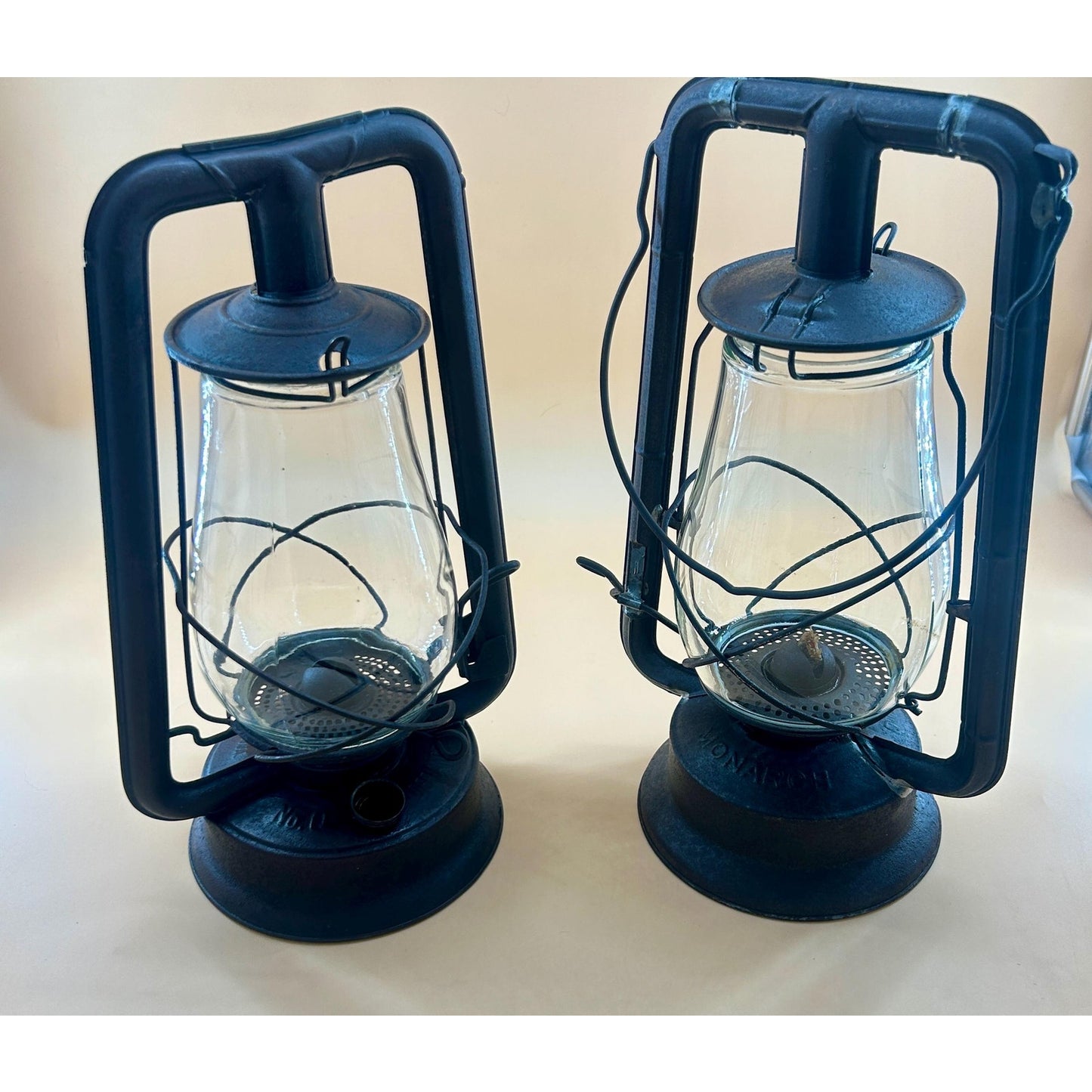 Antique Railroad Oil Lantern Pair Dietz & Monarch Tubular Lanterns Museum Conserved Patina Industrial Farmhouse Lighting Primitive Railroad