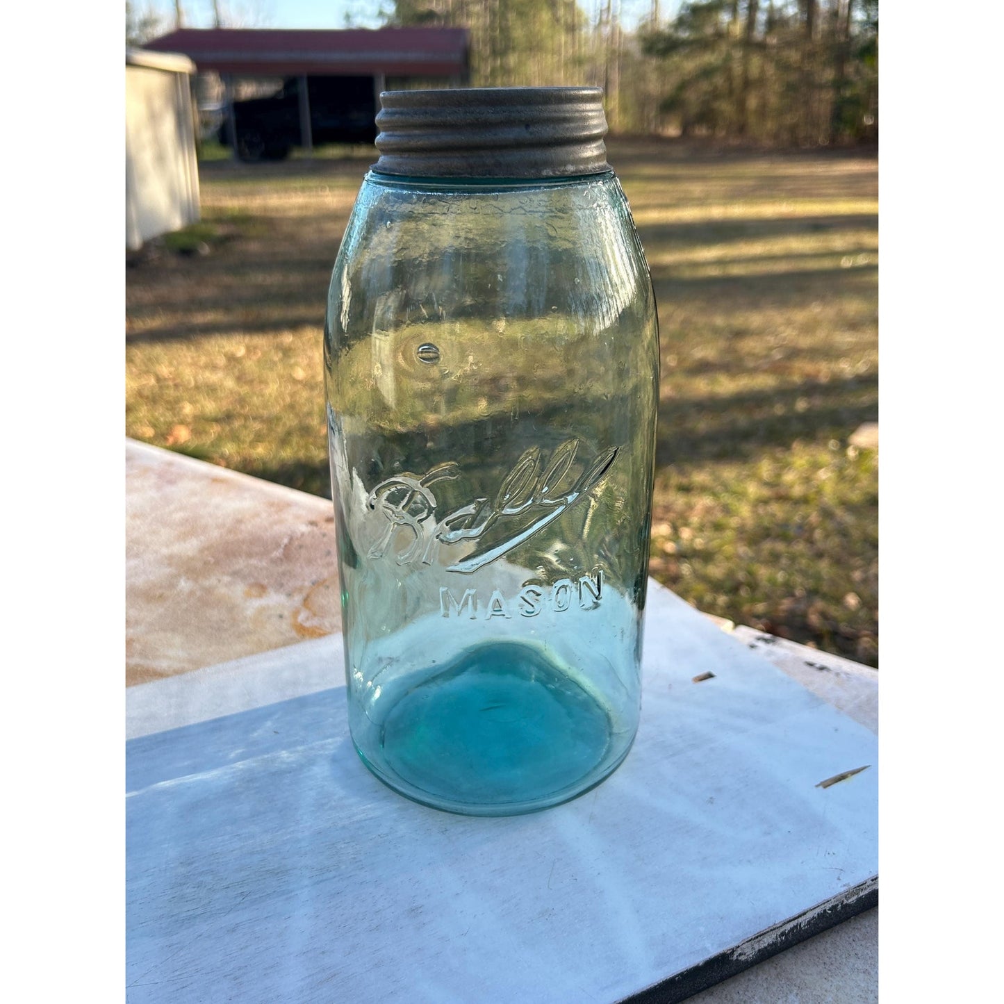 Antique Ball Triple L Half Gallon Aqua Mason Jar 1900–1910 Early Script Fruit Jar Ball Bros Glass Embossed Original Zinc Lid