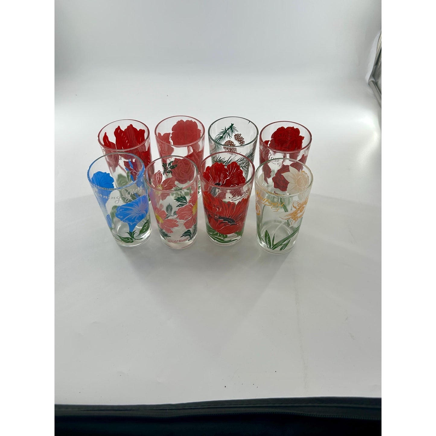 Vintage Federal Glass Floral Tumbler Set of 8 Mid Century Drinking Glasses Poppy Rose Daffodil Retro Barware MCM USA
