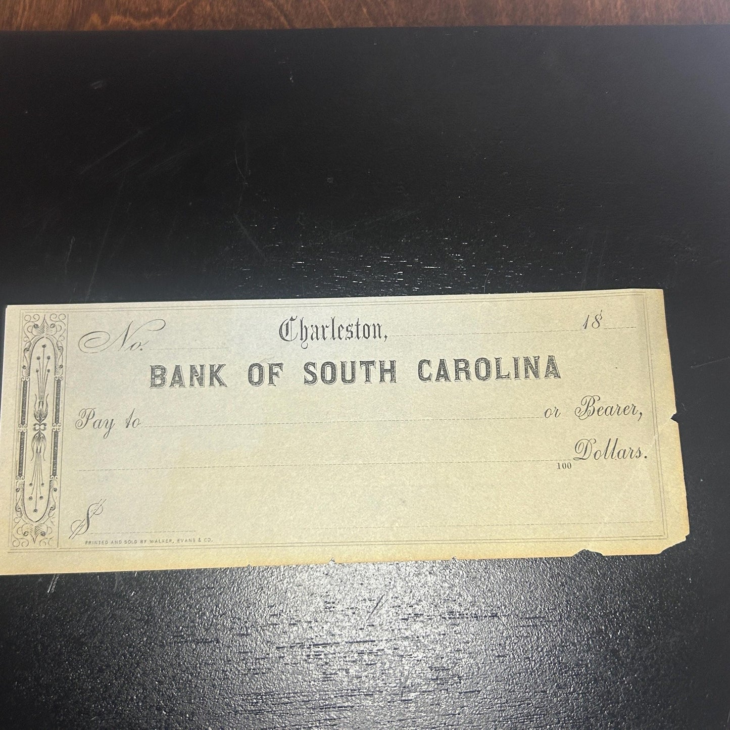 Antique Bank of South Carolina Check Charleston SC | 1800s Blank Bank Note Form | Southern Ephemera Paper Collectible. Very rare civil war!