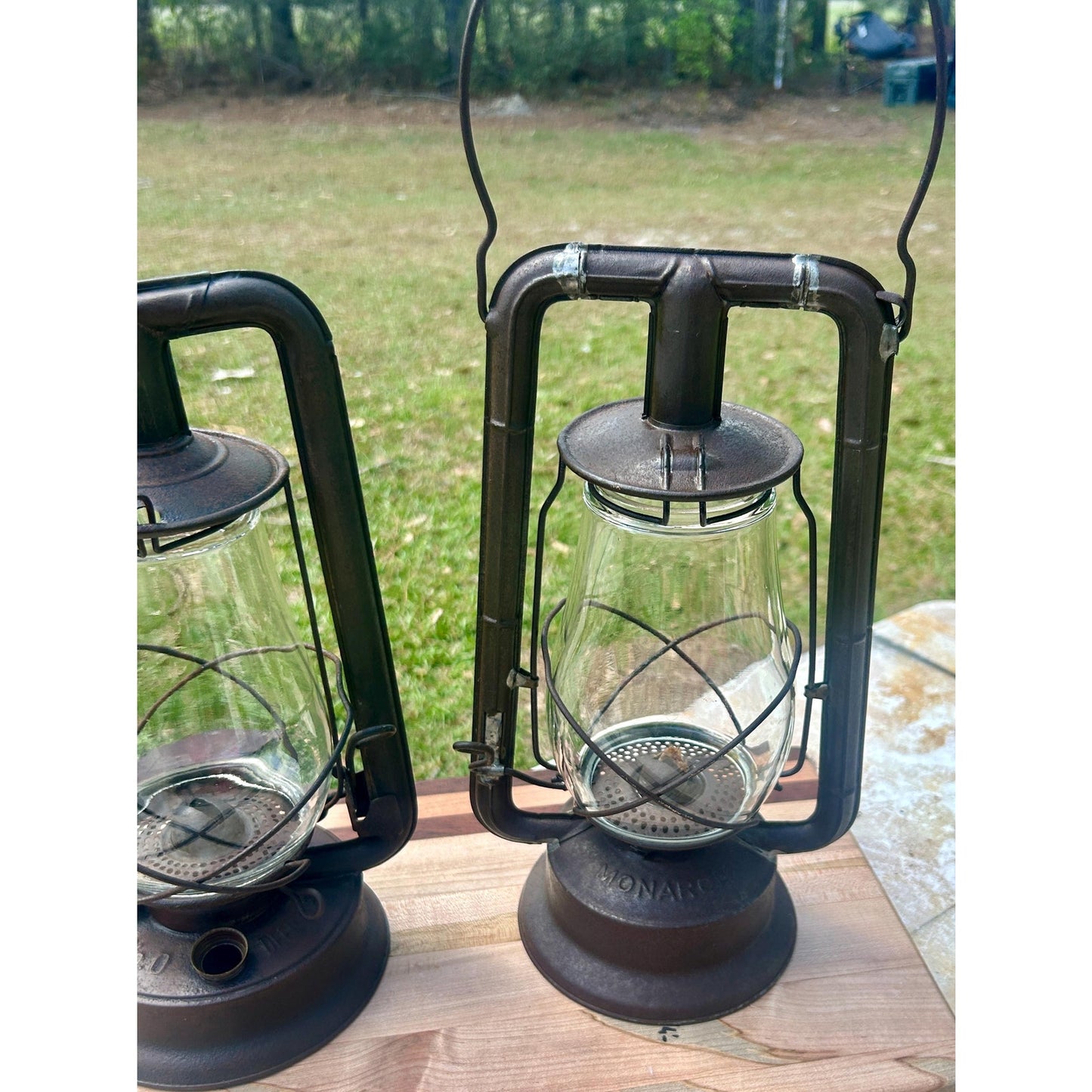 Antique Railroad Oil Lantern Pair Dietz & Monarch Tubular Lanterns Museum Conserved Patina Industrial Farmhouse Lighting Primitive Railroad