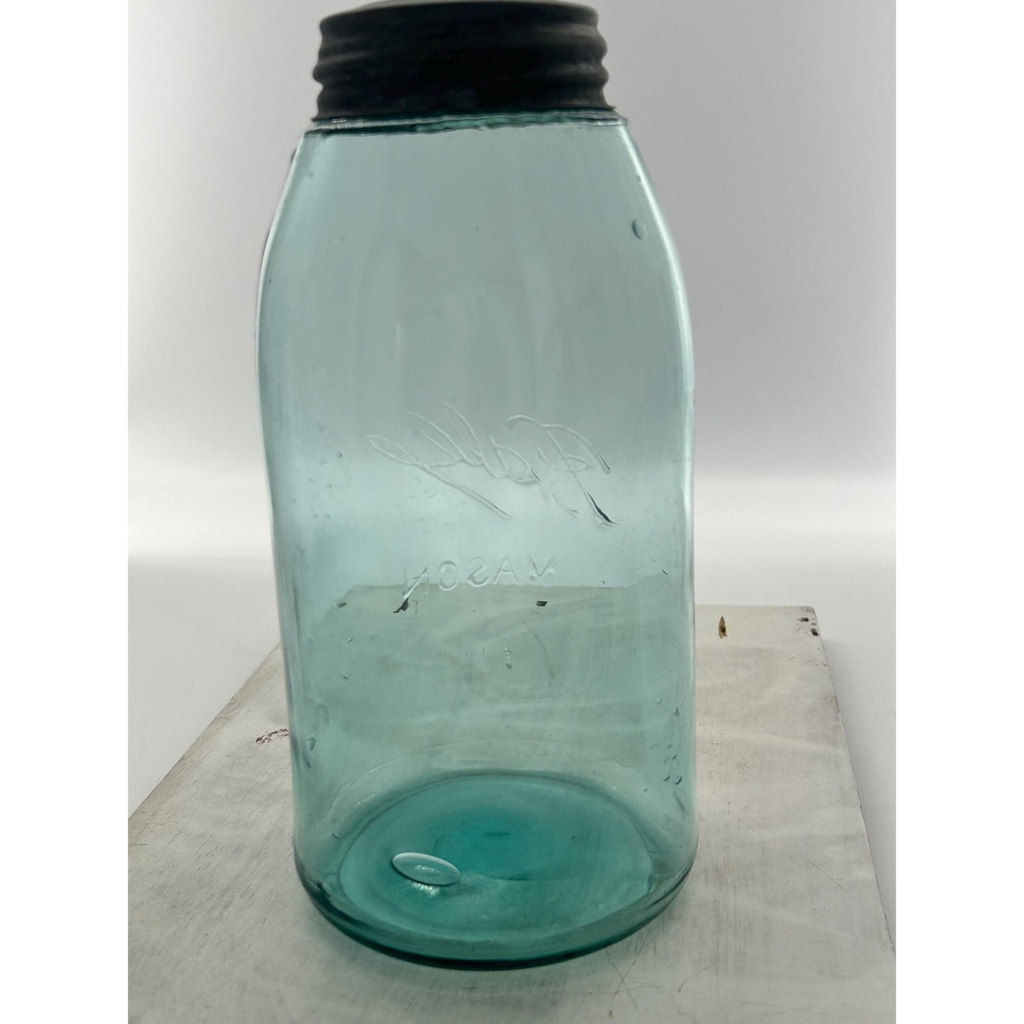 Antique Ball Mason Half Gallon Aqua Blue Triple L Script 1910–1923 Shoulder Seal Zinc Lid Large Early Collector Fruit Jar. Underlined Script