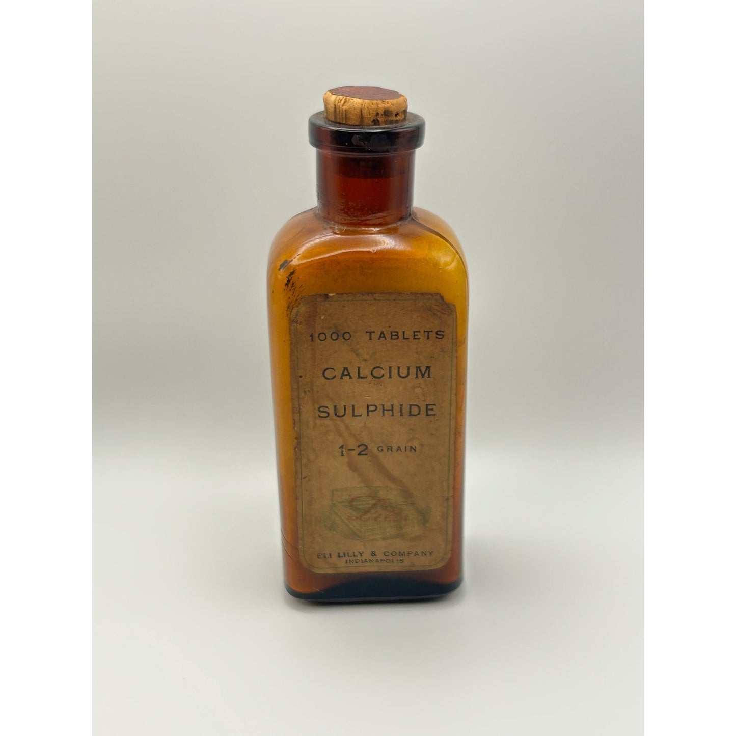 Antique Eli Lilly Calcium Sulphide Tablet Bottle w/ Original Contents & Cork