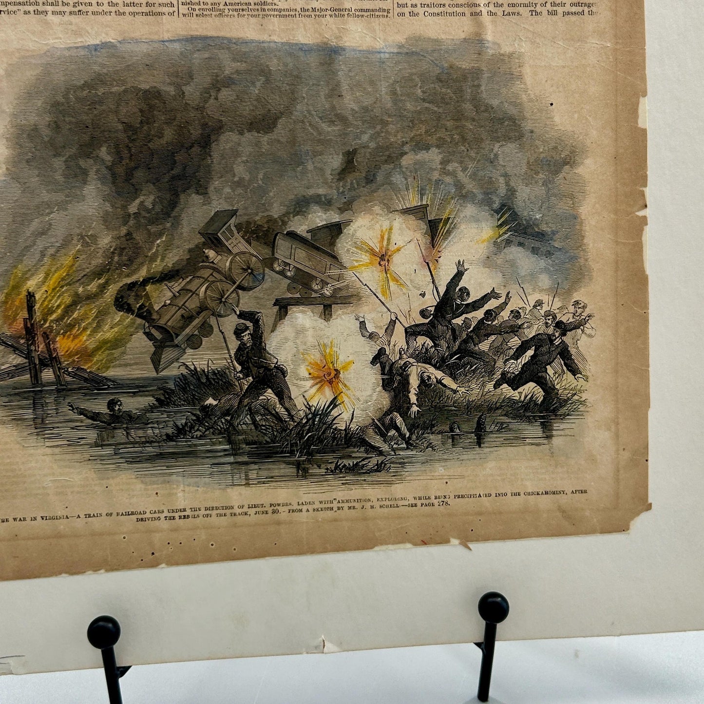 Antique Civil War 1862 Frank Leslie’s Newspaper Train Explosion Virginia Original Engraving Railroad Battle. Authentic Antique Print