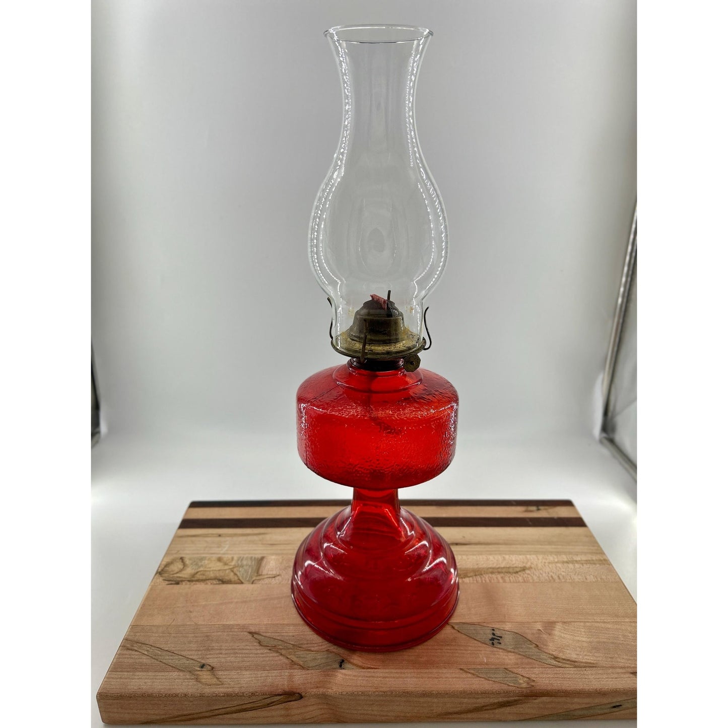 Antique Ruby Red Glass Oil Lamp 22” Tall – Figural Heron Marsh Scene Pedestal – Victorian Kerosene Parlor Lamp – Cranberry Pressed Glass