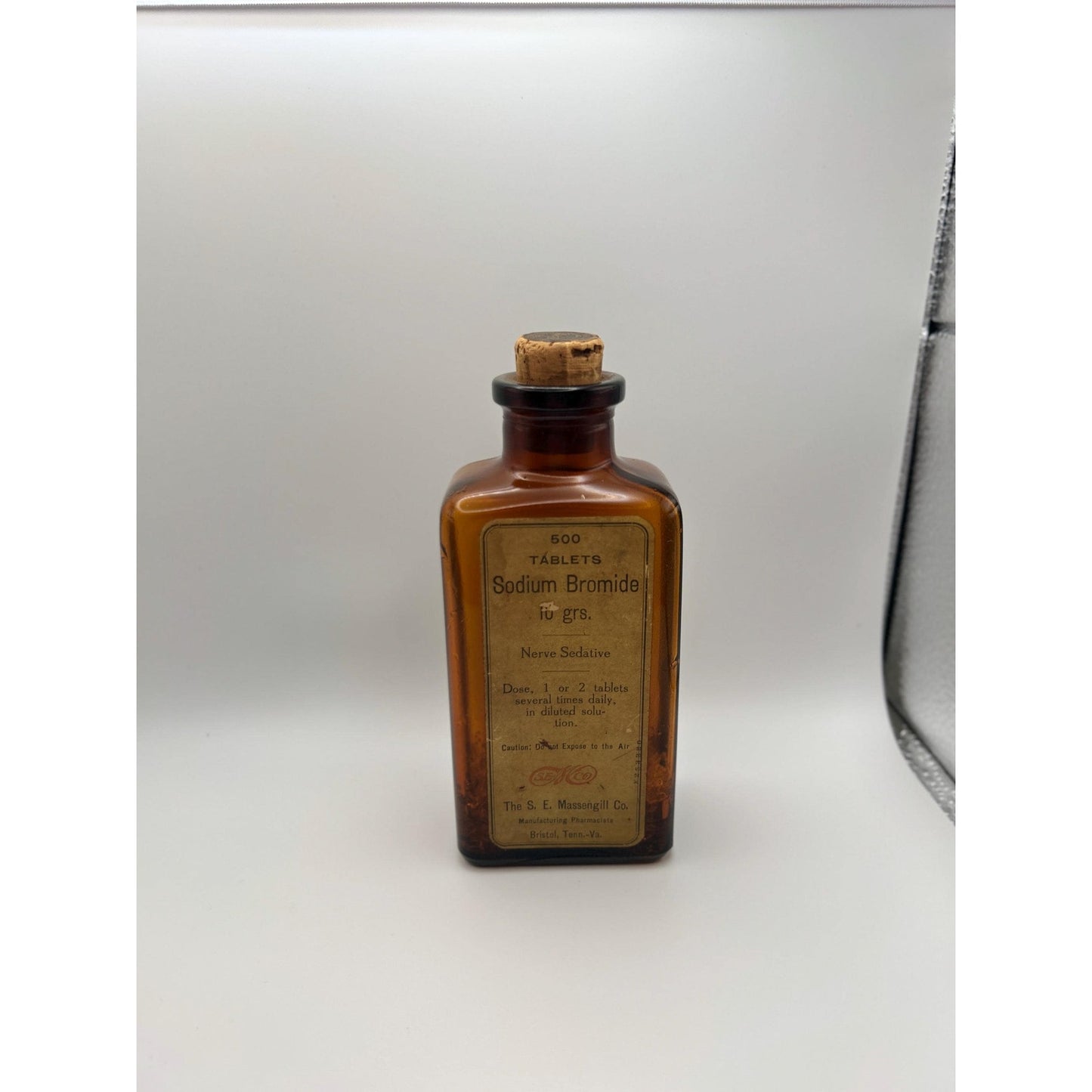 Vintage Massengill Pharmacy Medicine Jar w/ Original Contents Amber Bottle