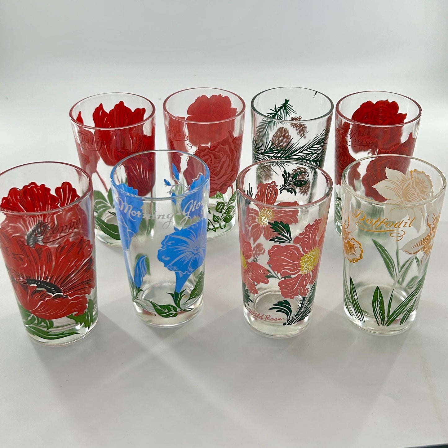 Vintage Federal Glass Floral Tumbler Set of 8 Mid Century Drinking Glasses Poppy Rose Daffodil Retro Barware MCM USA