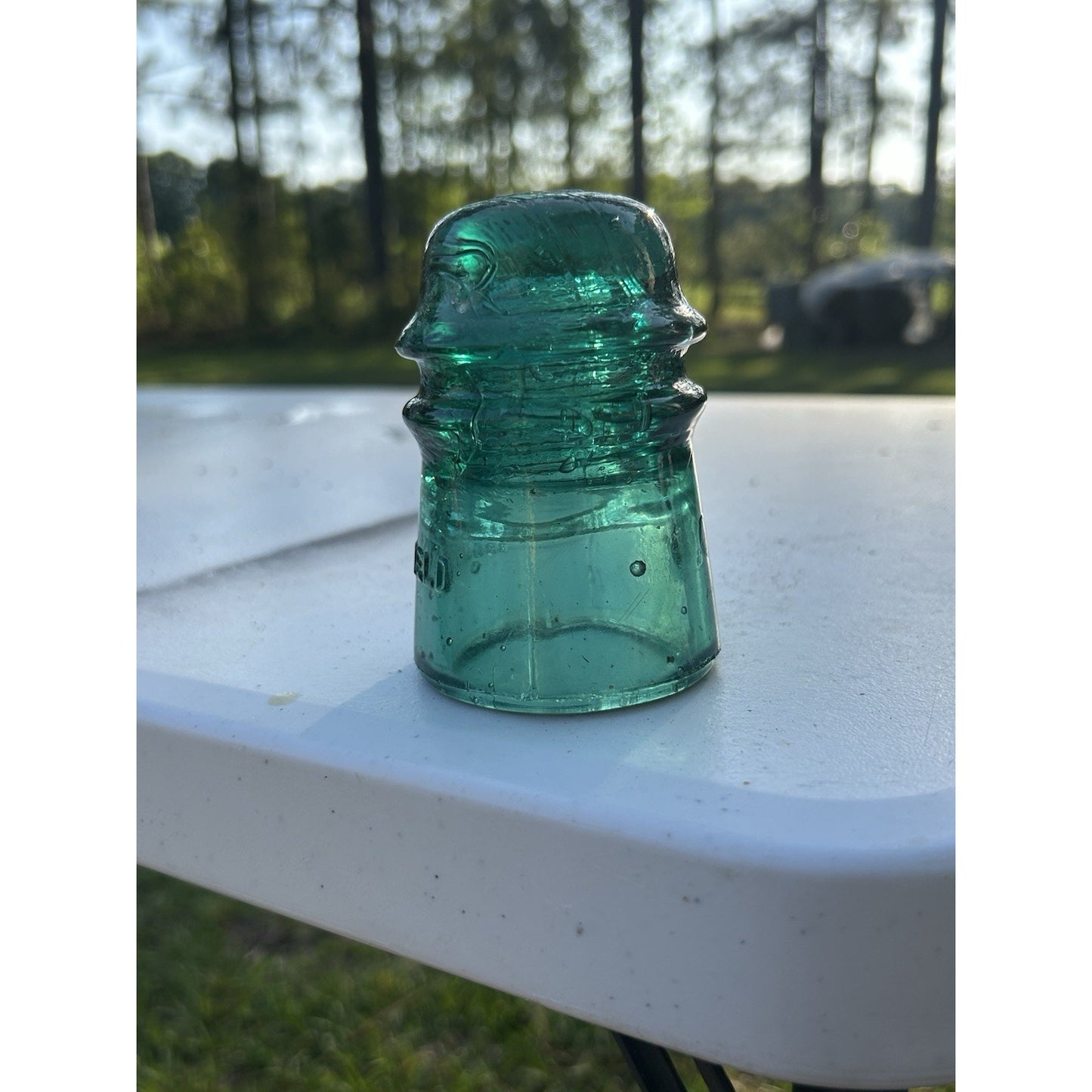Vintage Brookfield Glass Insulator — Dark Emerald Green with Heavy Bubble Glass