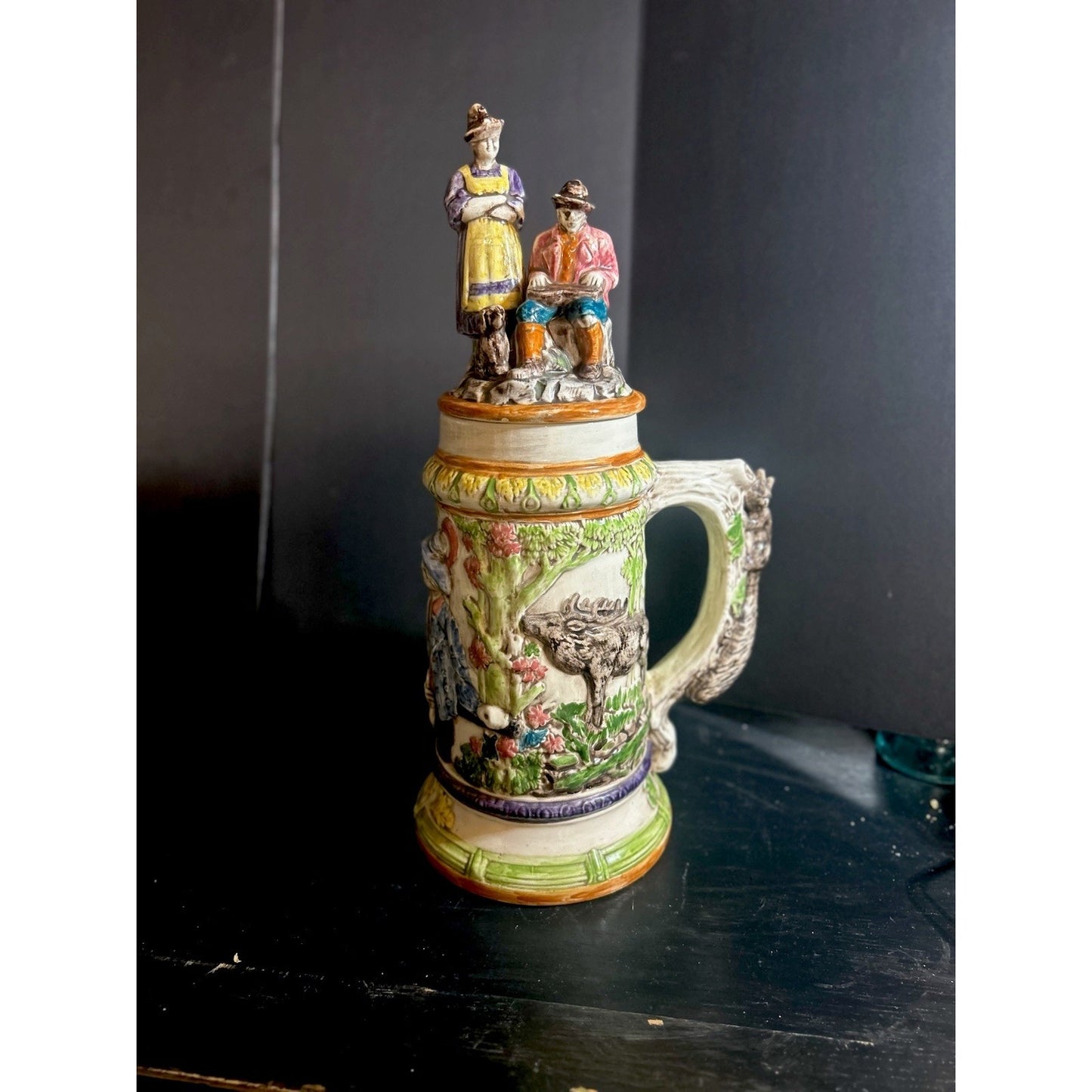 VINTAGE LARGE HANDMADE HAND PAINTED HUNTING GERMAN 1974 BEER STEIN MUG WITH LID