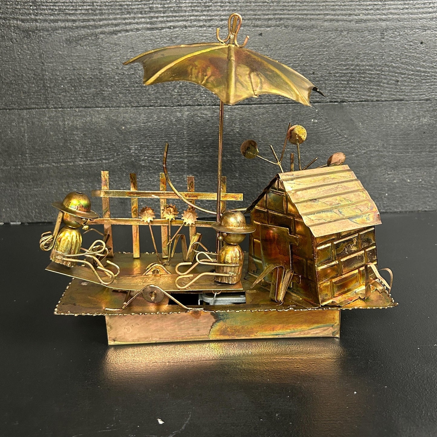 Vintage Berkeley Designs Brass Kinetic Music Box • Working TOYO Movement • Moving Figures Garden Scene • “It’s a Small World” Sculpture rare