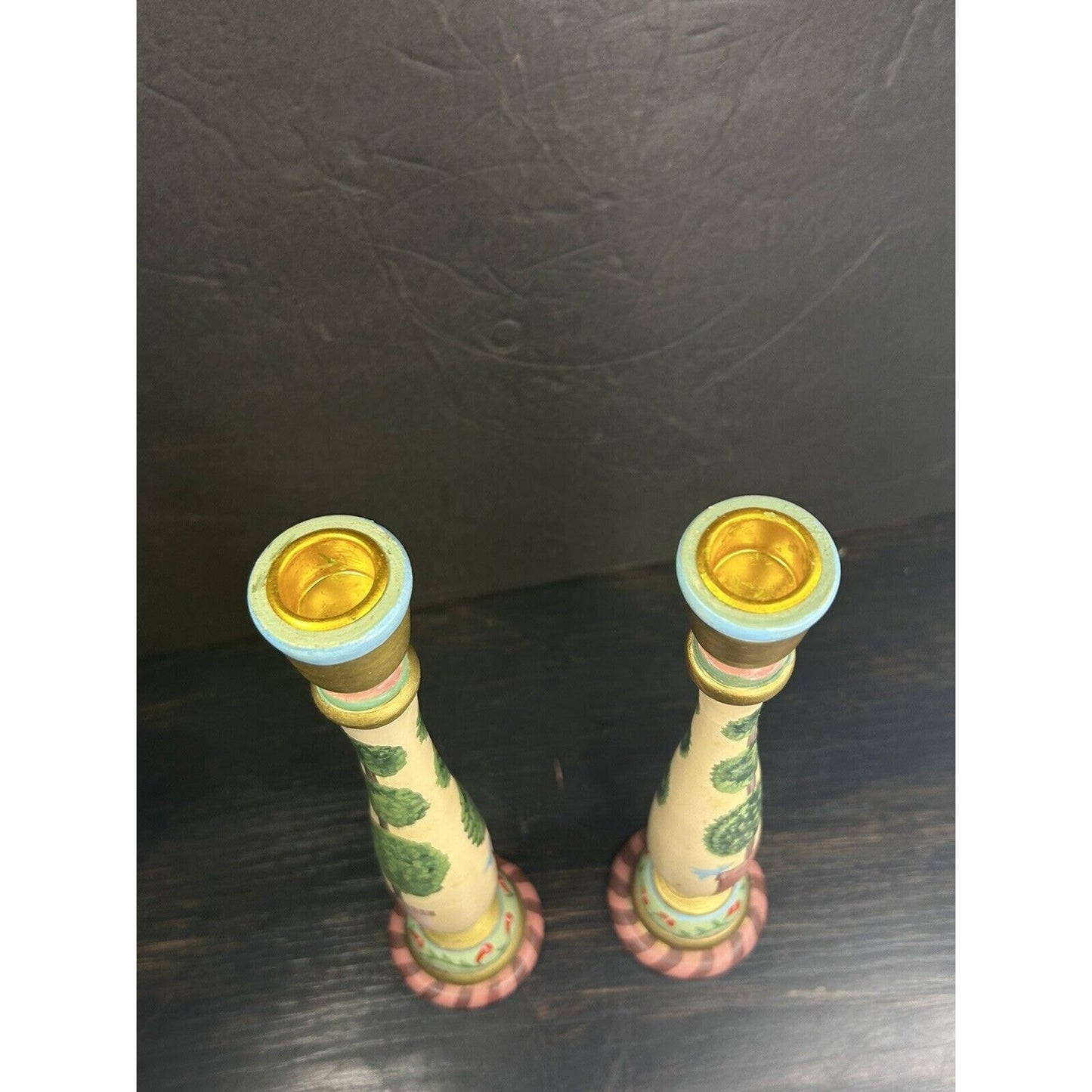 Vintage wood candle holders hand painted flower bird full view