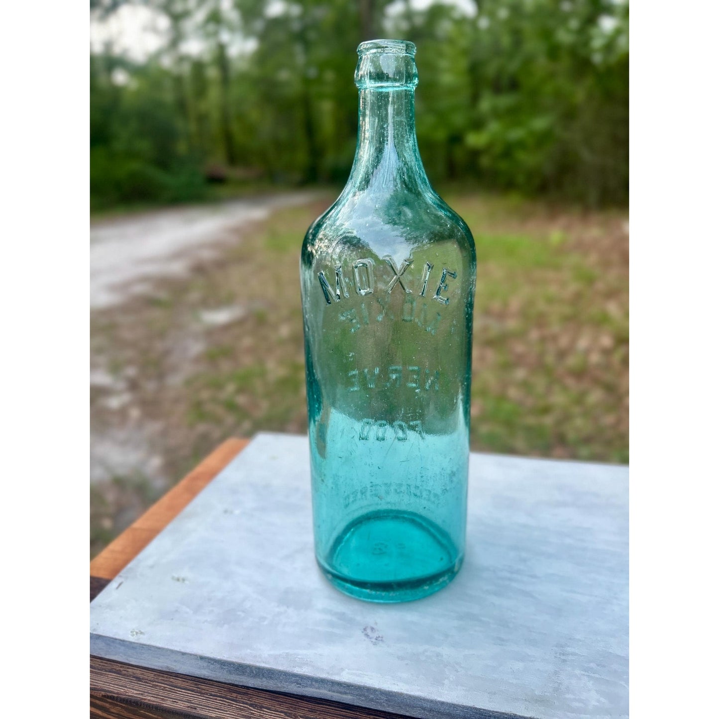 Antique Moxie Nerve Food Registered Bottle Aqua Glass Lowell MA Quack Medicine Soda Advertising Early 1900s Rare Display