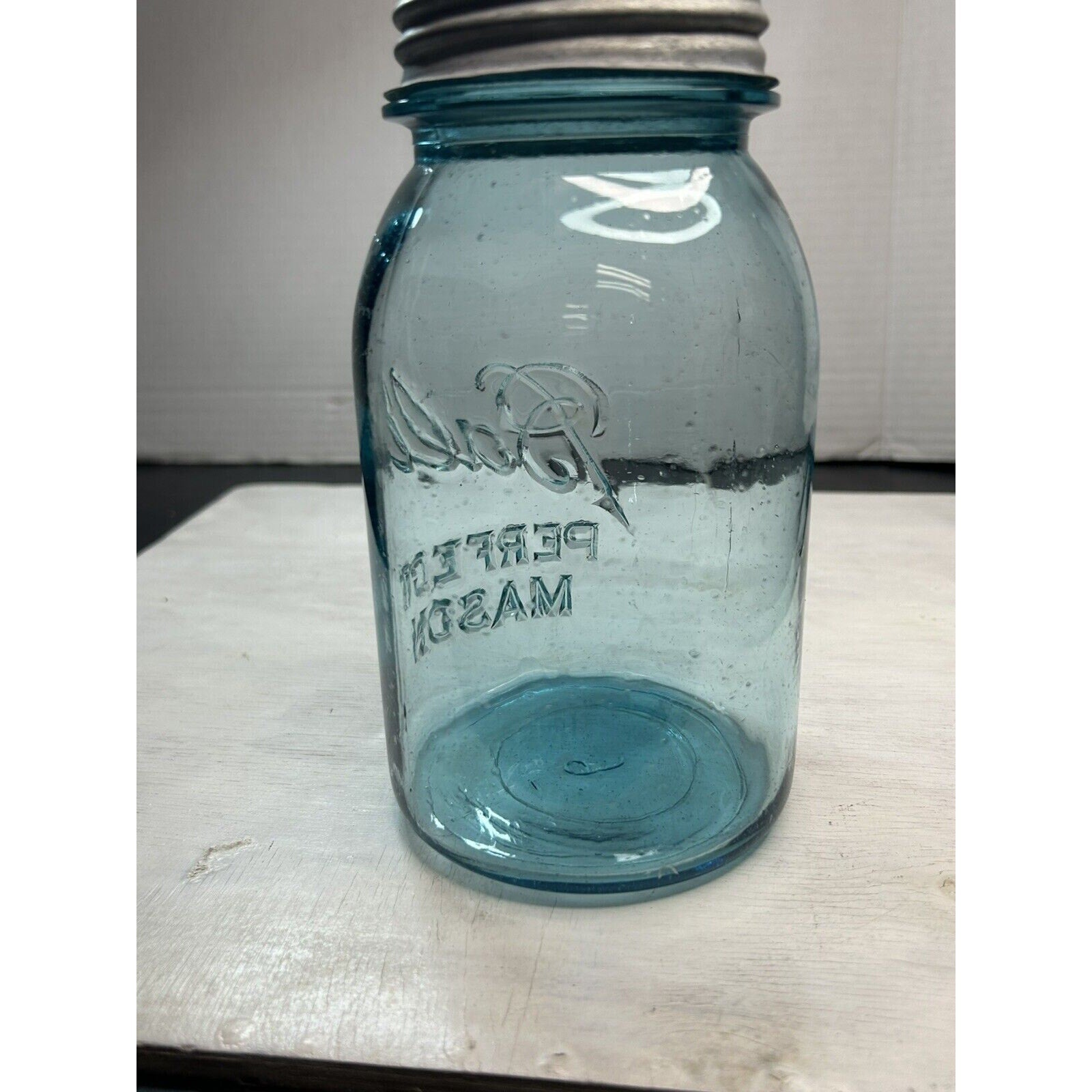 Ball Perfect Mason offset script jar — condition overview, no chips, lid present, aqua glass intact