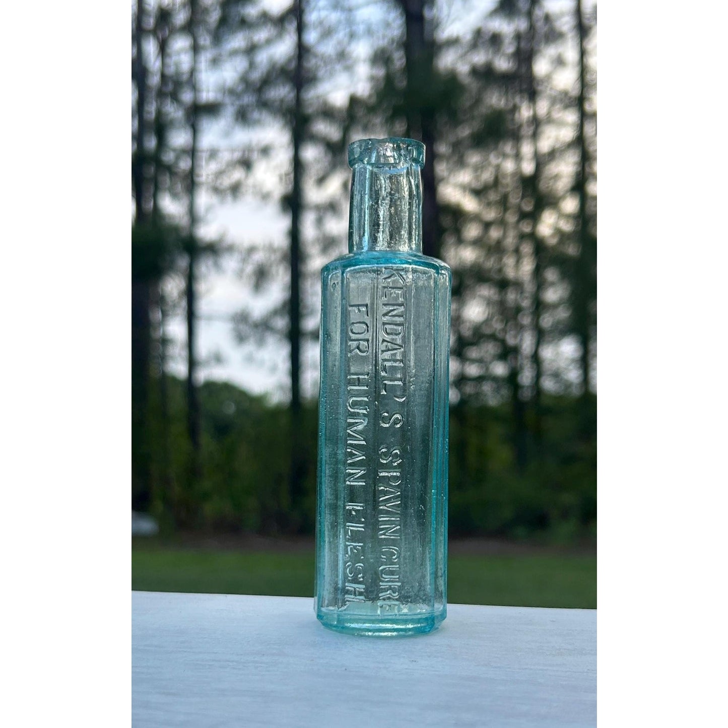 Antique Kendall’s Spavin Cure For Human Flesh Bottle – Aqua Glass Embossed Patent Medicine c1900