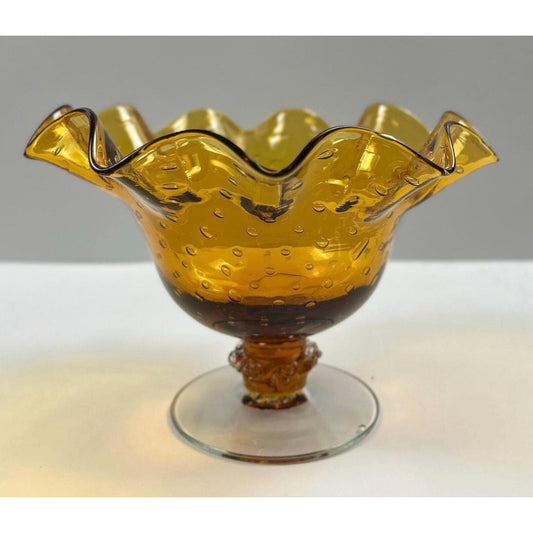 Vintage Amber Glass Compote Hand Blown Bubble Art Bowl. MCM home decor