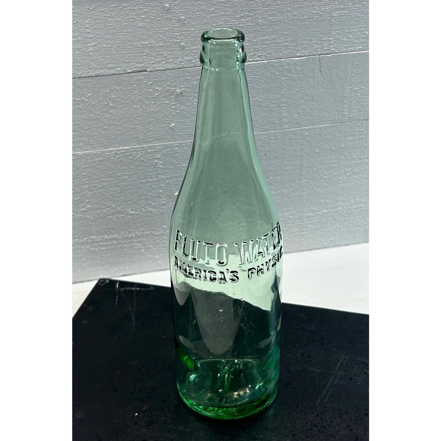 Vintage Pluto Water Bottle with Devil Logo – 1920s–40s Embossed Aqua Glass Soda Mineral Water Bottle – Indiana Collectible rare Apothecary