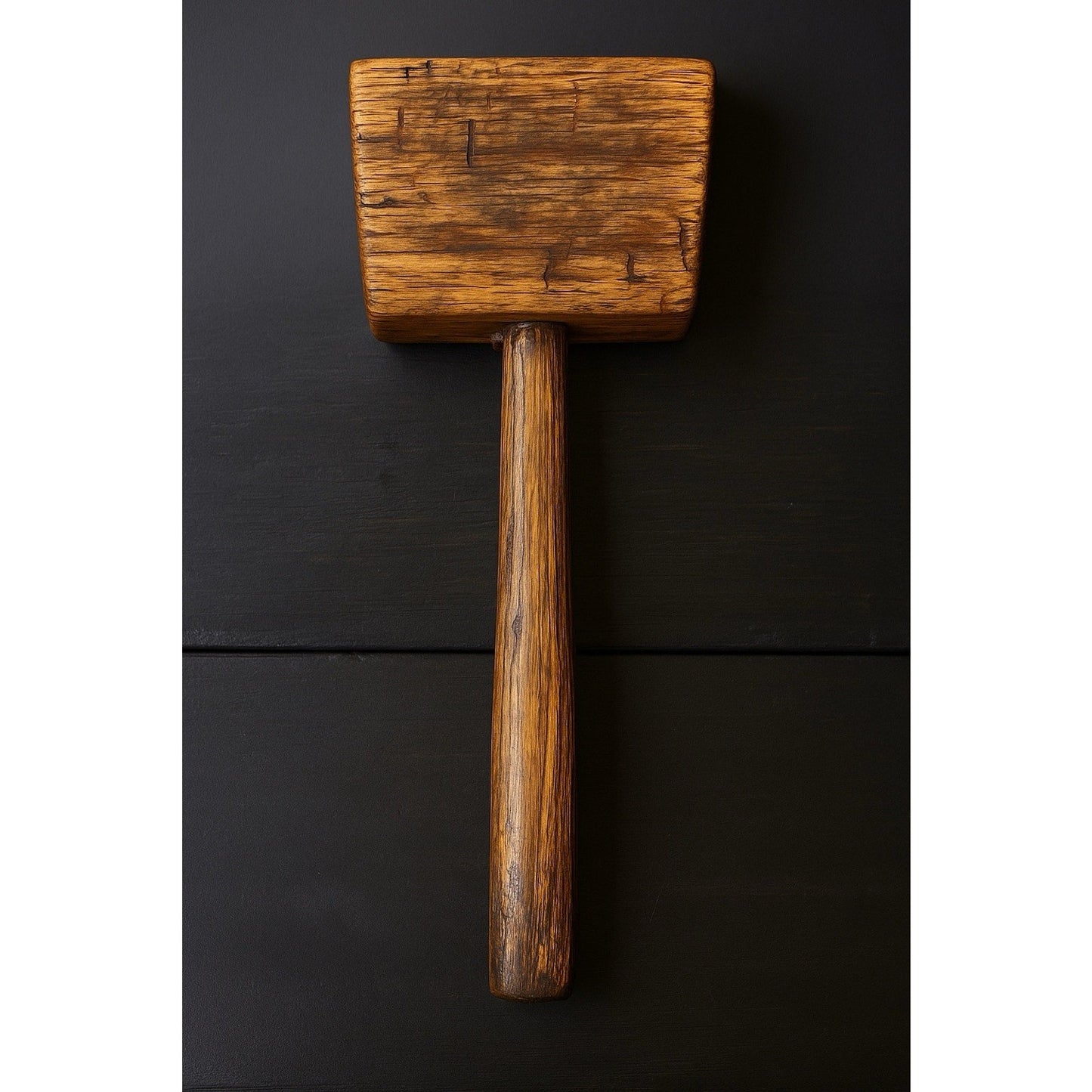 Hefty 5-inch antique mallet head detail, heavy solid hardwood