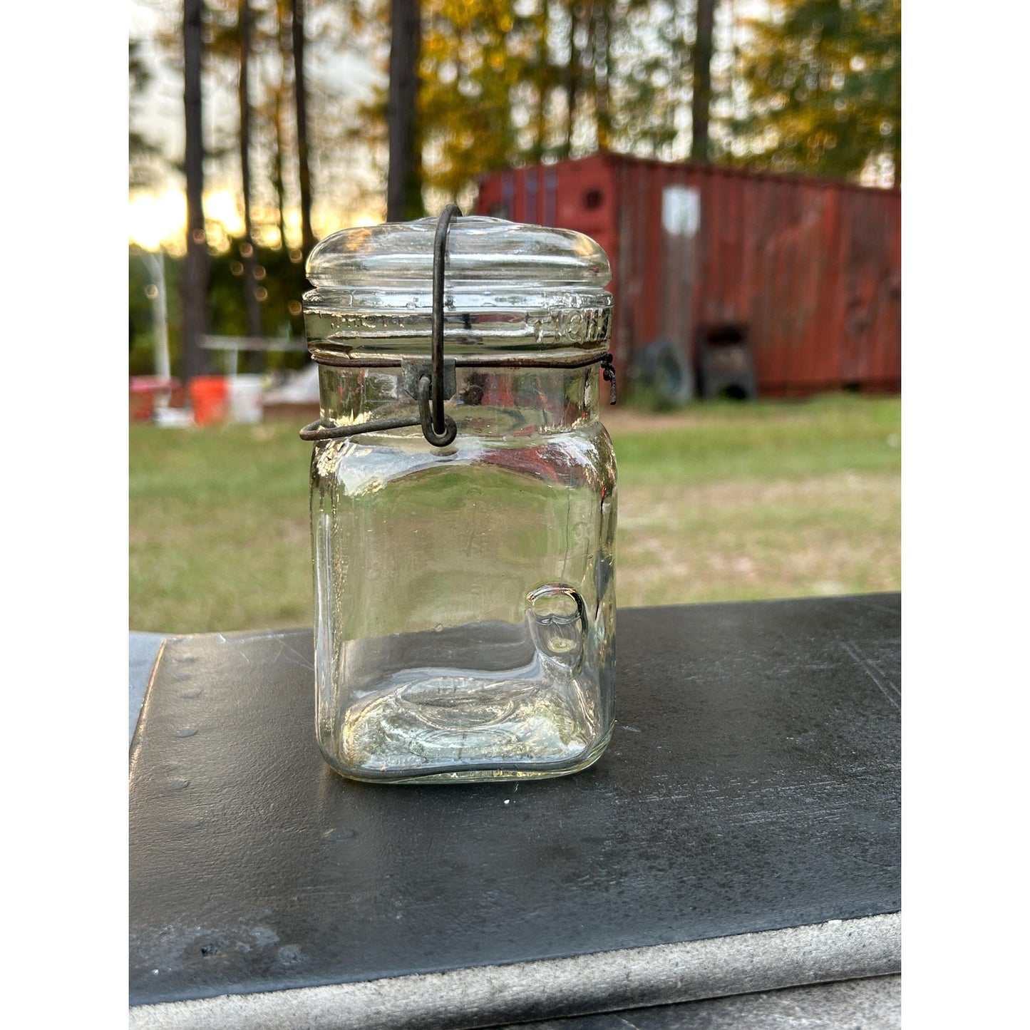 Vintage 1930s–1950s Queen Wide Mouth Square Glass Canning Jar with Wire Bail Lid – Dominion Glass Canada Antique Farmhouse Kitchen Storage