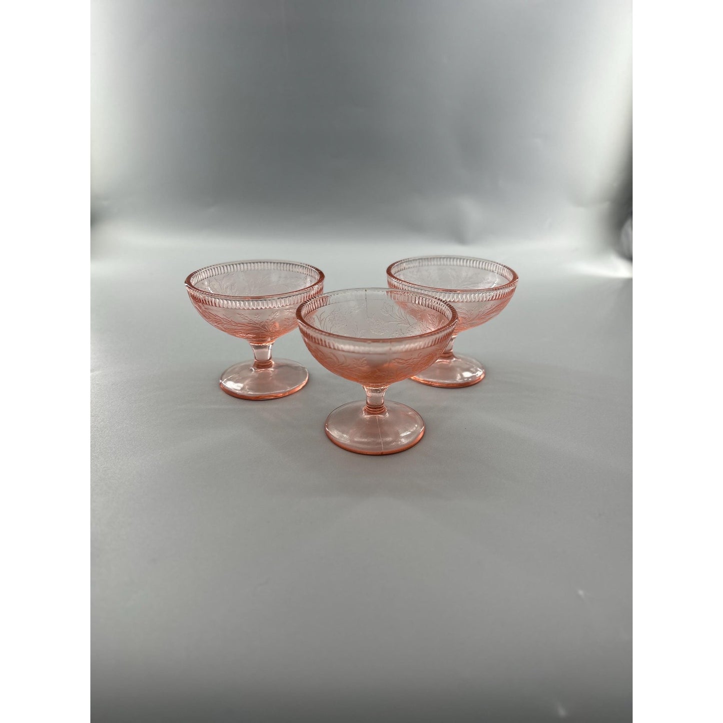 Pink Depression Glass Sherbet Dessert Cups • Vintage 1930s Footed Bowls • Set of 3 • Etched Floral Stemware • Cottage Farmhouse Tableware