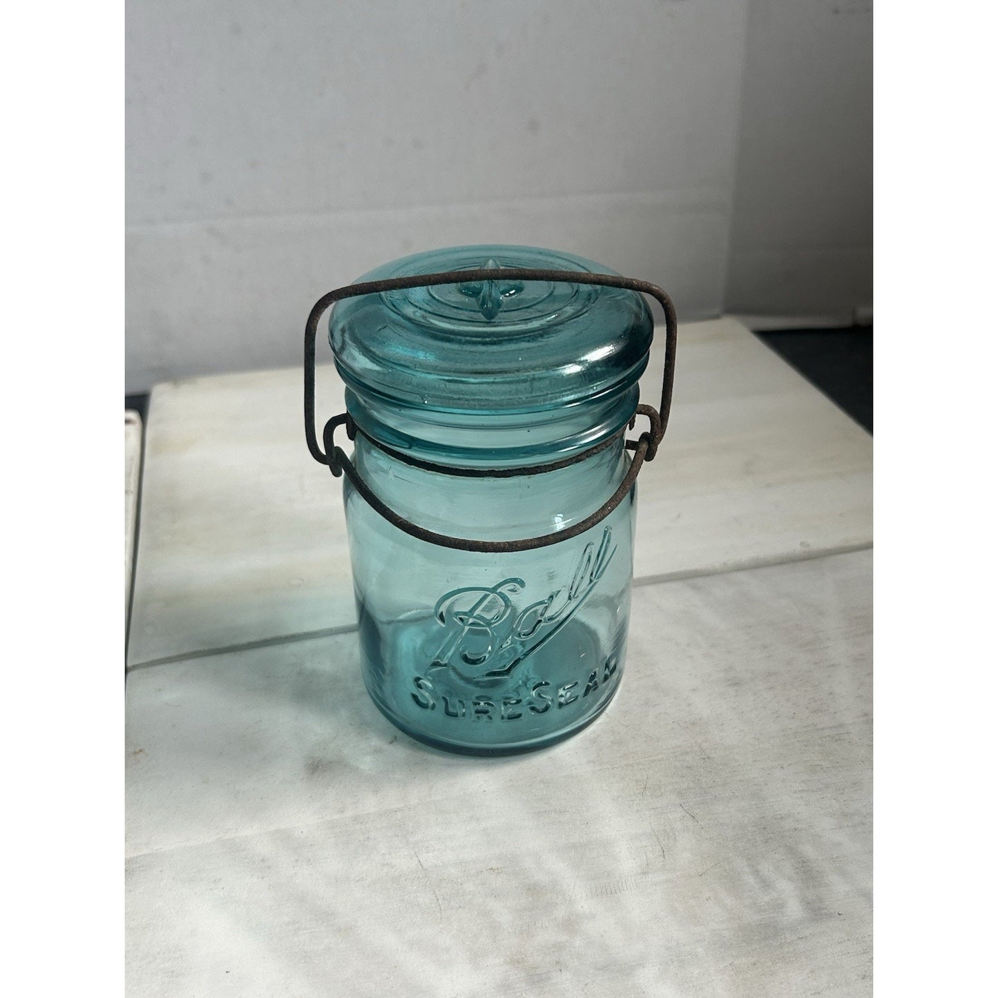 Vintage Ball Sure Seal Pint Mason Jar Blue Aqua Wire Bail w/ Lid – 1930s USA