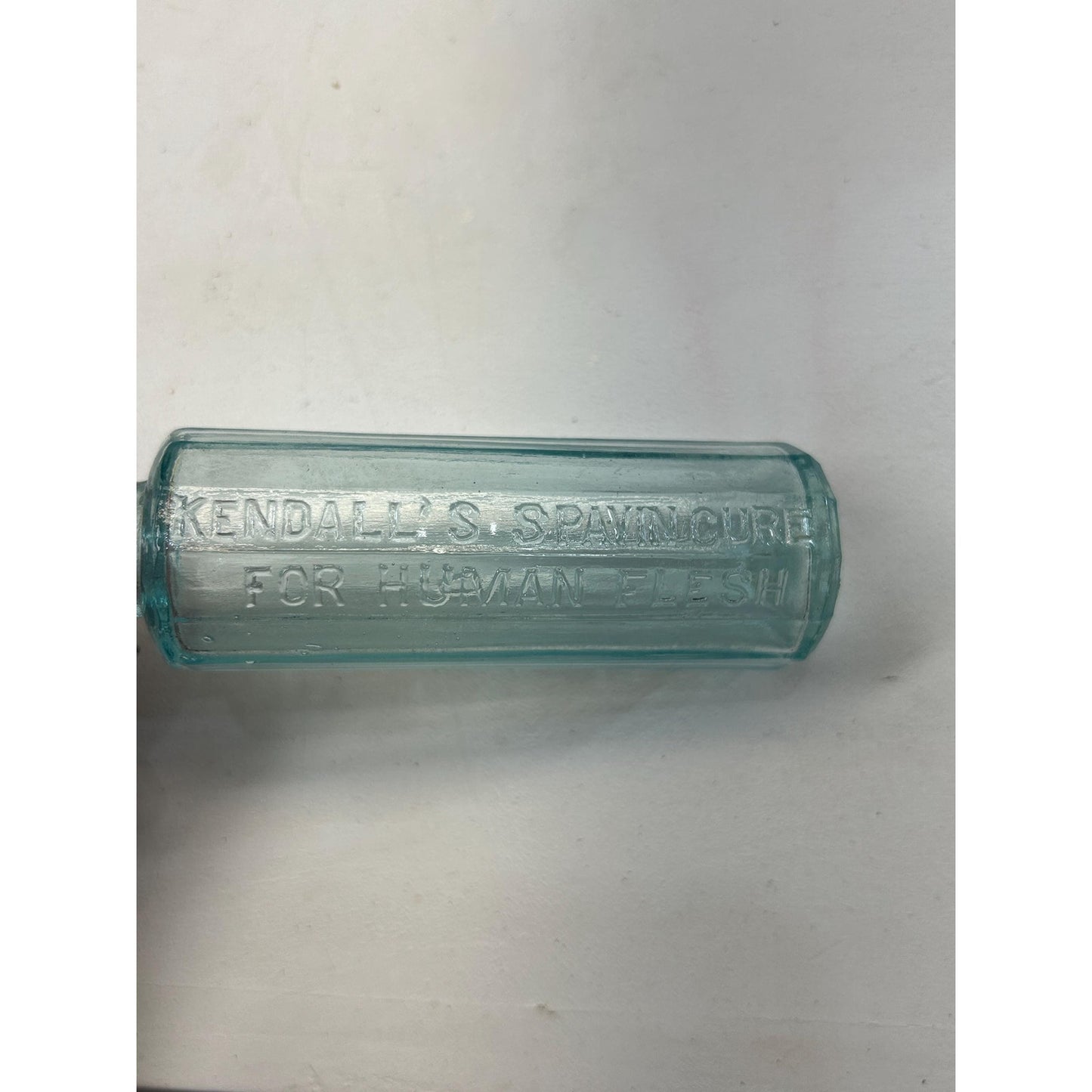 Antique Kendall’s Spavin Cure Bottle – Aqua Blue Glass, 1800s Patent Medicine, Embossed “For Human Flesh” – Rare Apothecary Remededy .