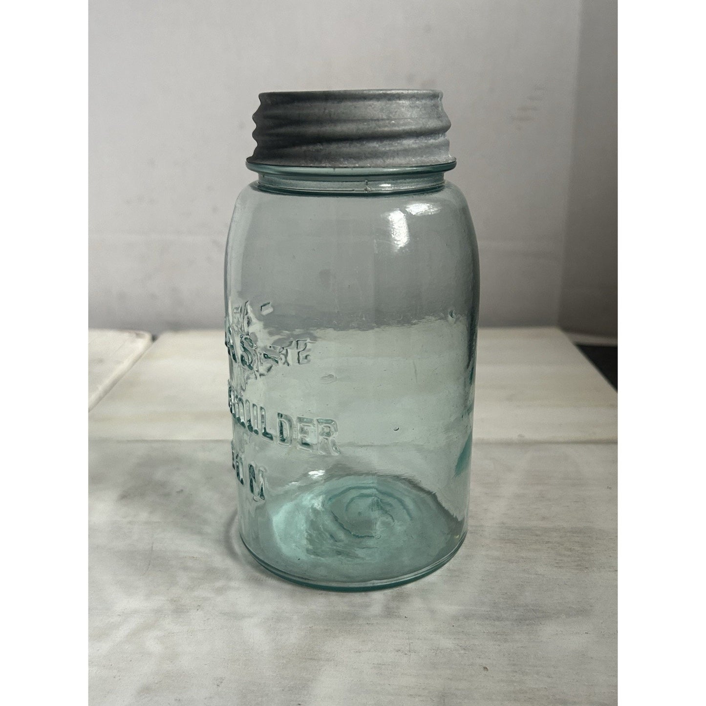 Vintage Atlas Strong Shoulder Mason Jar Aqua Blue w/ Zinc Lid – Quart – 1930s