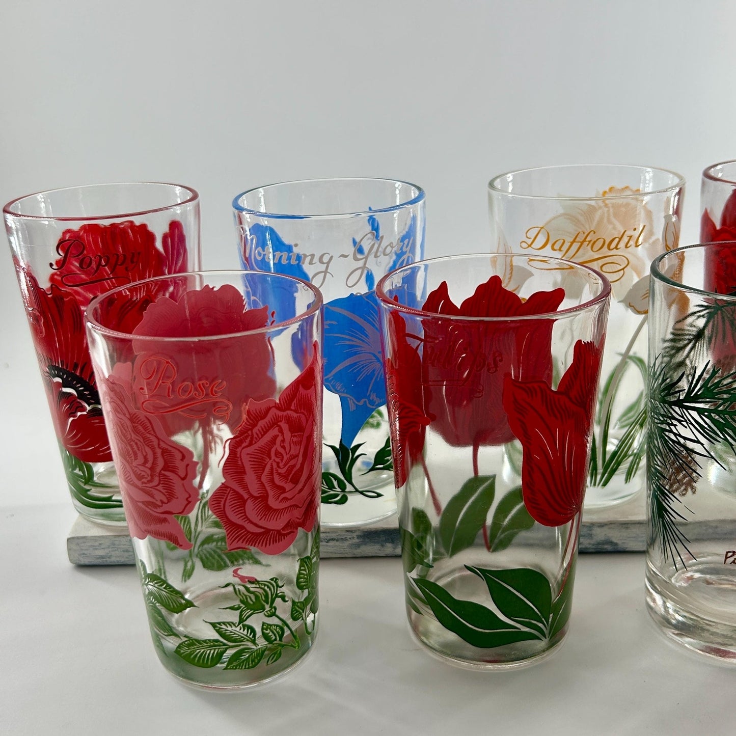 Vintage Federal Glass Floral Tumbler Set of 8 Mid Century Drinking Glasses Poppy Rose Daffodil Retro Barware MCM USA
