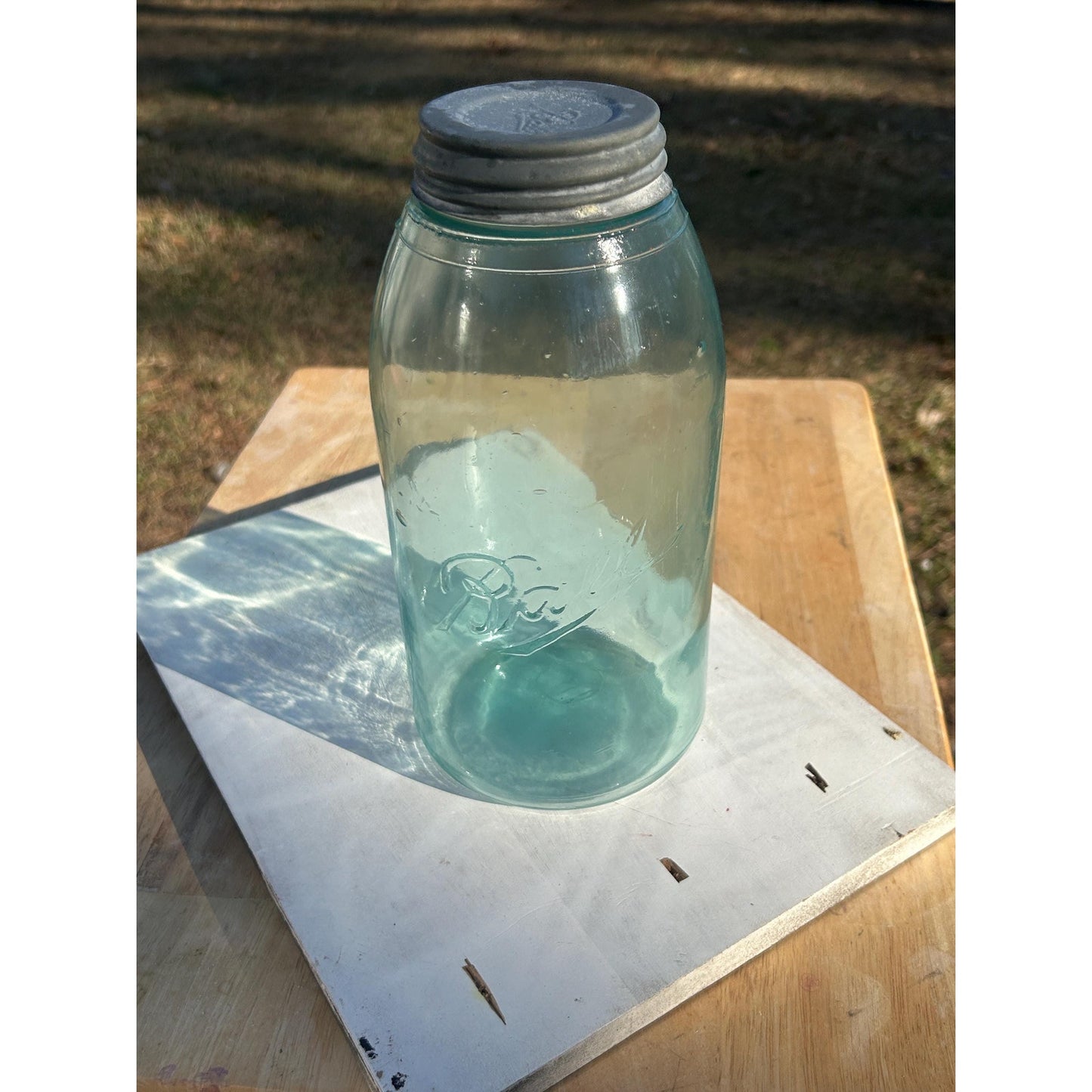 Antique Ball Triple L Half Gallon Aqua Mason Jar 1900–1910 Early Script Ball Bros Original Zinc Lid