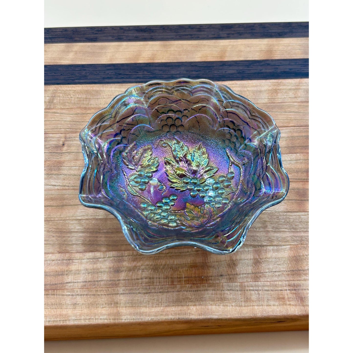 Antique Imperial Carnival Glass Grape & Cable Ruffled Bowl • Amethyst Iridescent Pressed Glass Berry Dish • Early 1900s Vintage Carnival