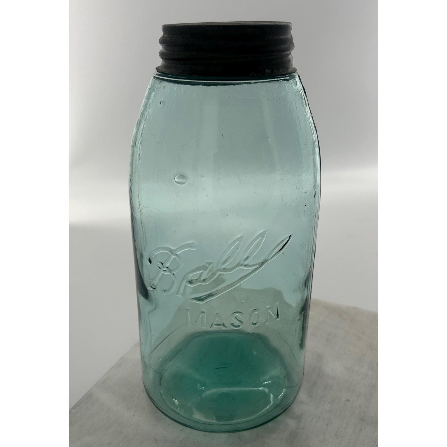 Antique Ball Triple L Half Gallon Aqua Mason Jar 1900–1910 Early Script Fruit Jar Ball Bros Glass Embossed Original Zinc Lid