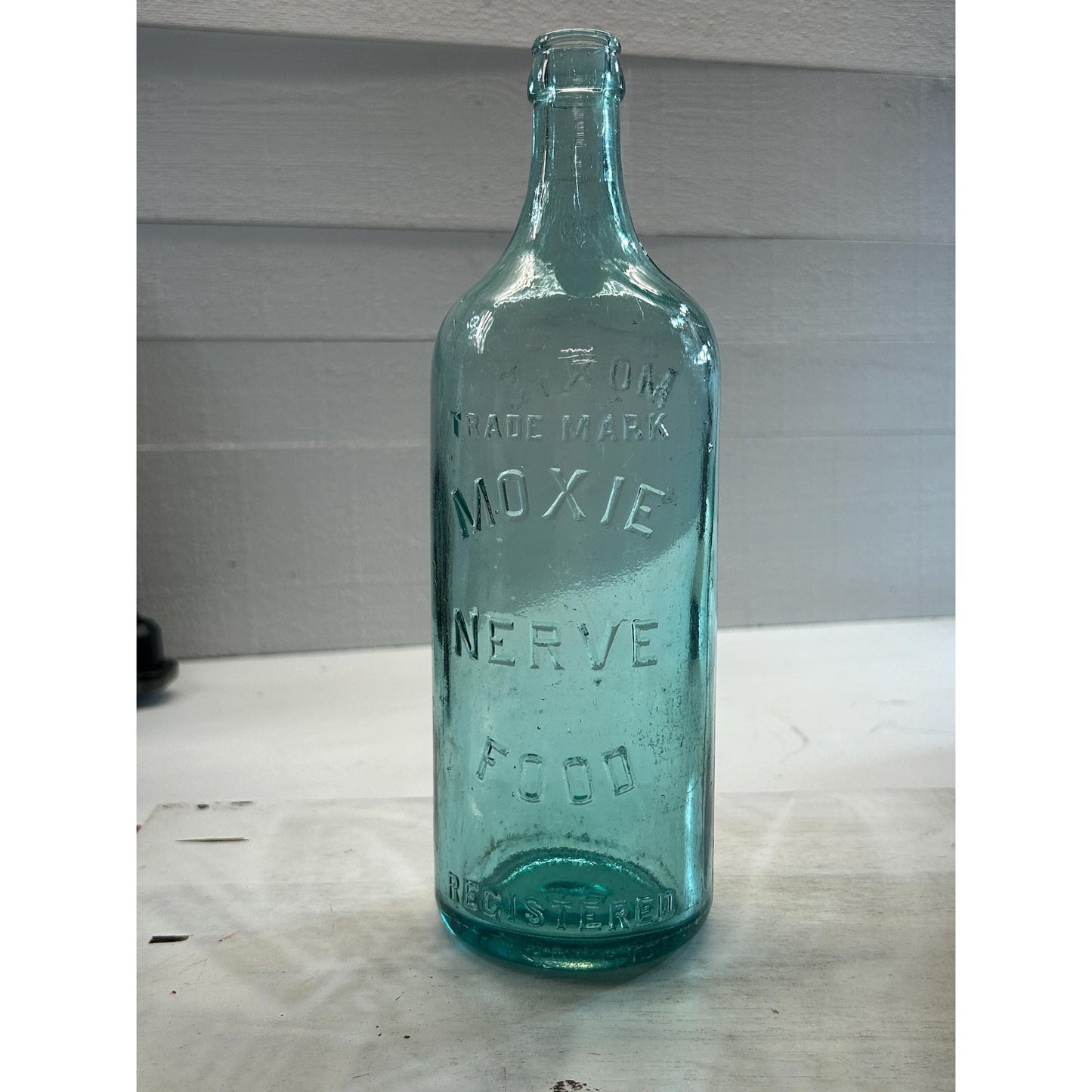 Antique 1880s Moxie Nerve Food Bottle – Aqua Blue Glass – Patent Medicine Soda Tonic Apothecary Collectible – Rare 12 Inch Embossed Bottle