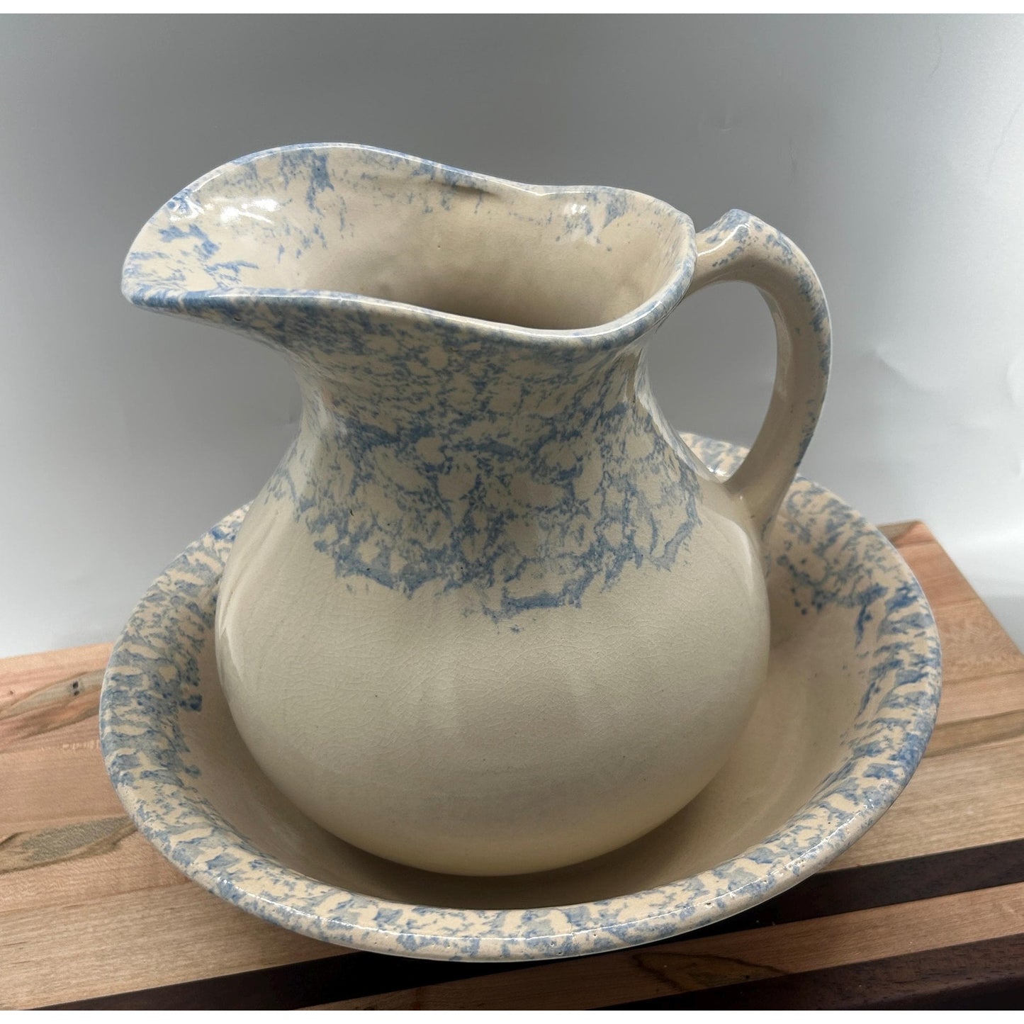 Robinson Ransbottom Blue Spongeware Pitcher and Bowl Set, RRP Pottery Stoneware Basin, Primitive Farmhouse Kitchen Decor, Rare