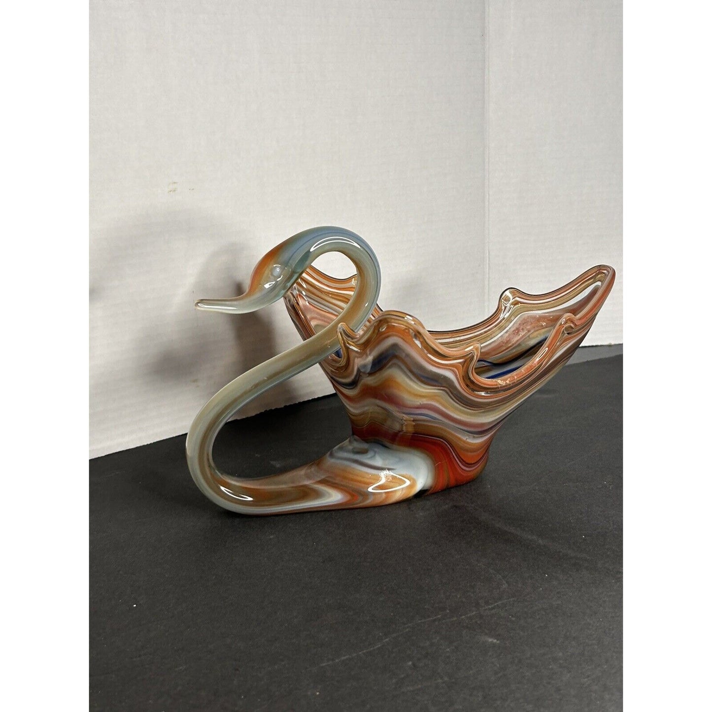 Vintage MCM Handmade Murano Style Art Glass Blue/Orange Swirl Swan Candy Dish