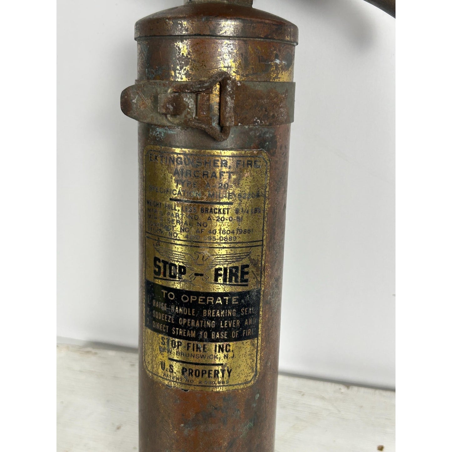 WWII Aircraft Fire Extinguisher STOP-Fire Brass Military Aviation Artifact Original WWII Airplane Fire Suppressor. Very rare find!