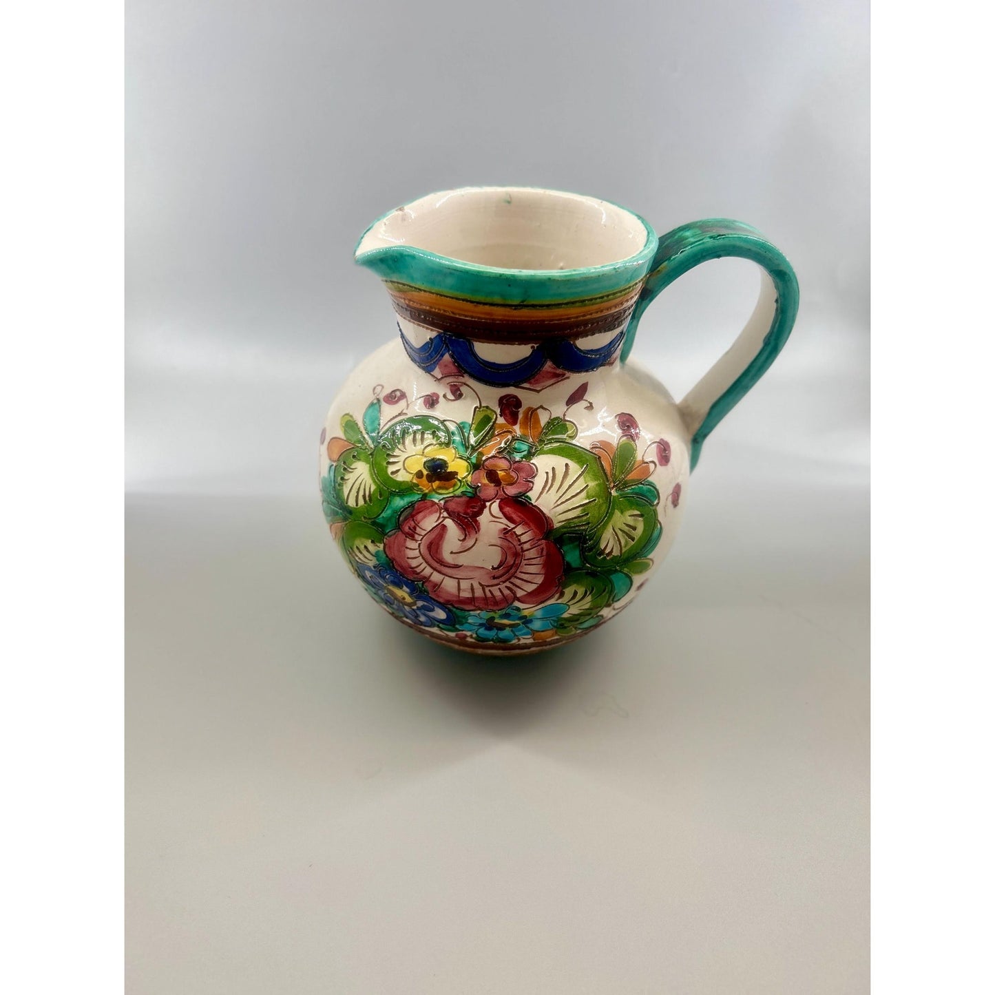 Vintage Spanish Talavera Faience Pottery Pitcher Hand Painted Floral Ceramic Jug Majolica