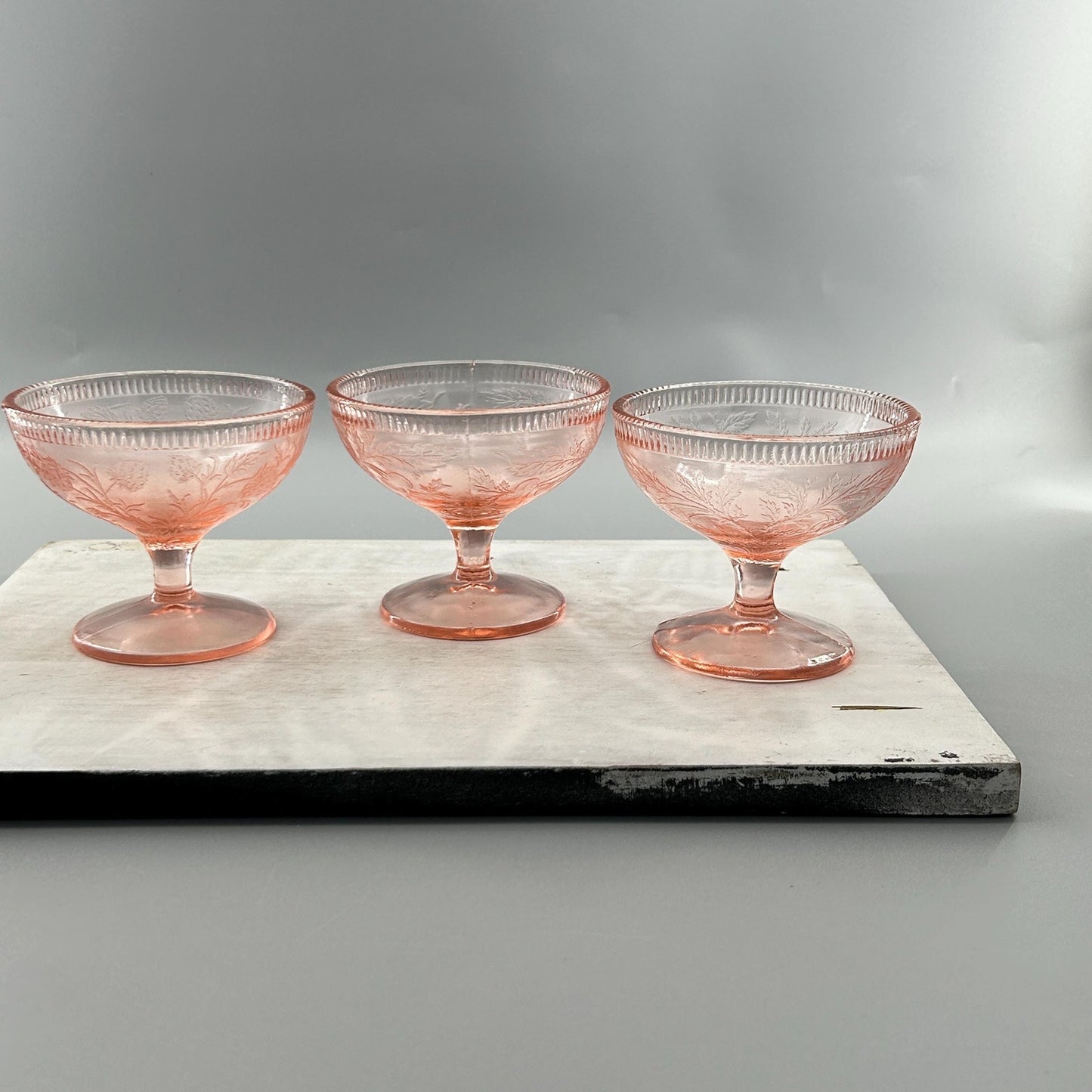 Pink Depression Glass Sherbet Dessert Cups • Vintage 1930s Footed Bowls • Set of 3 • Etched Floral Stemware • Cottage Farmhouse Tableware
