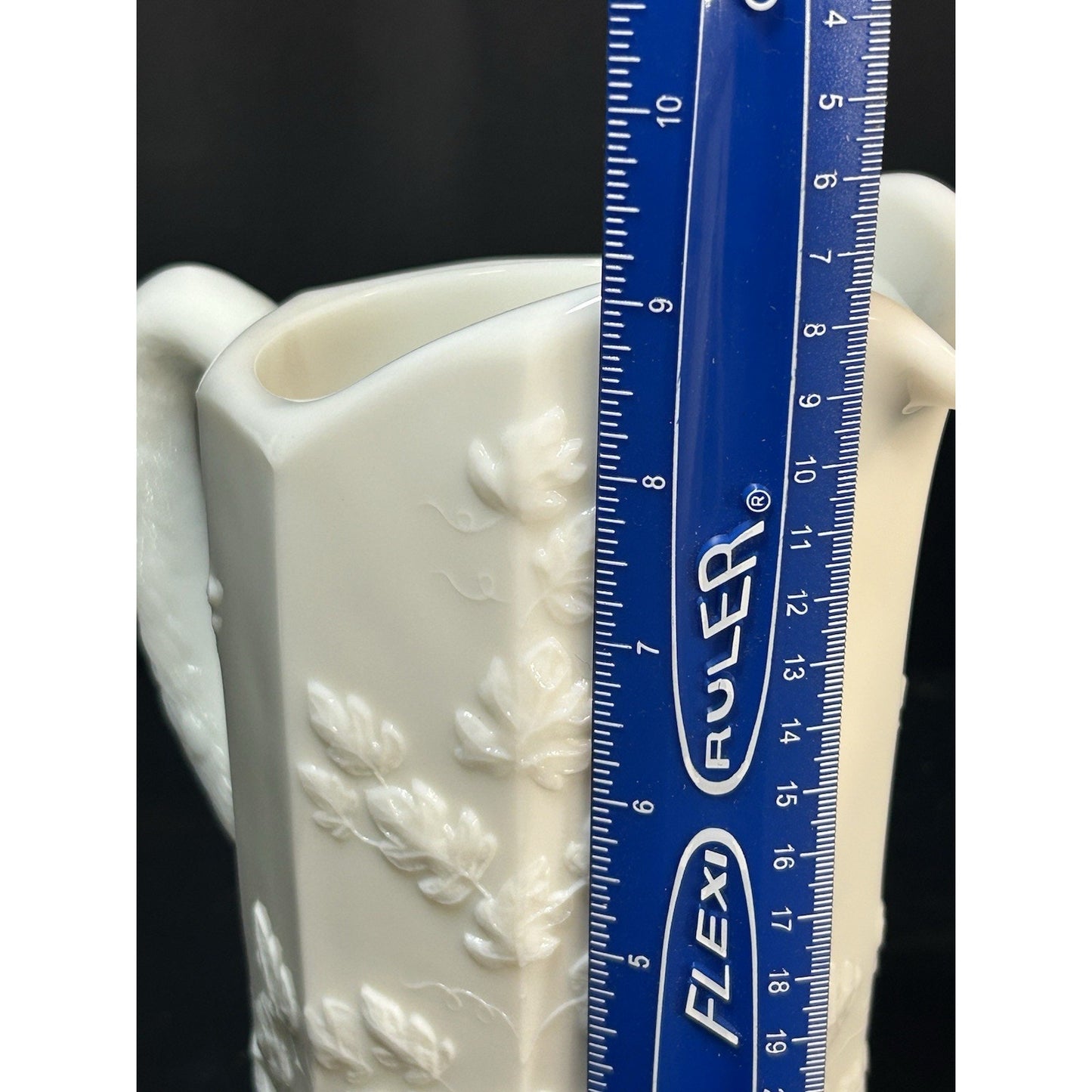 Westmoreland milk glass paneled pitcher handle detail embossed