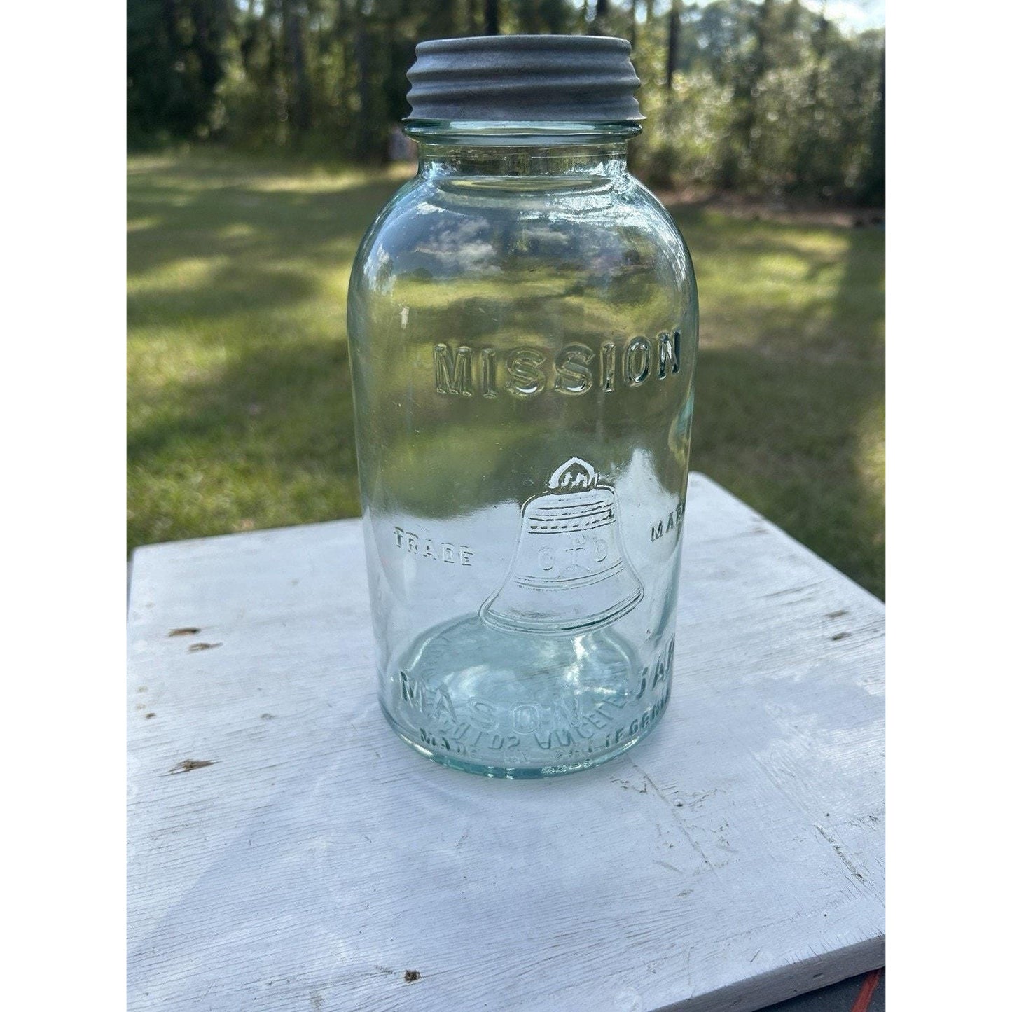 Very Rare Half Gallon Mission Bell Mason Jar – Aqua Blue Antique Canning Jar – W.J. Latchford Los Angeles California Farmhouse Kitchen Decor