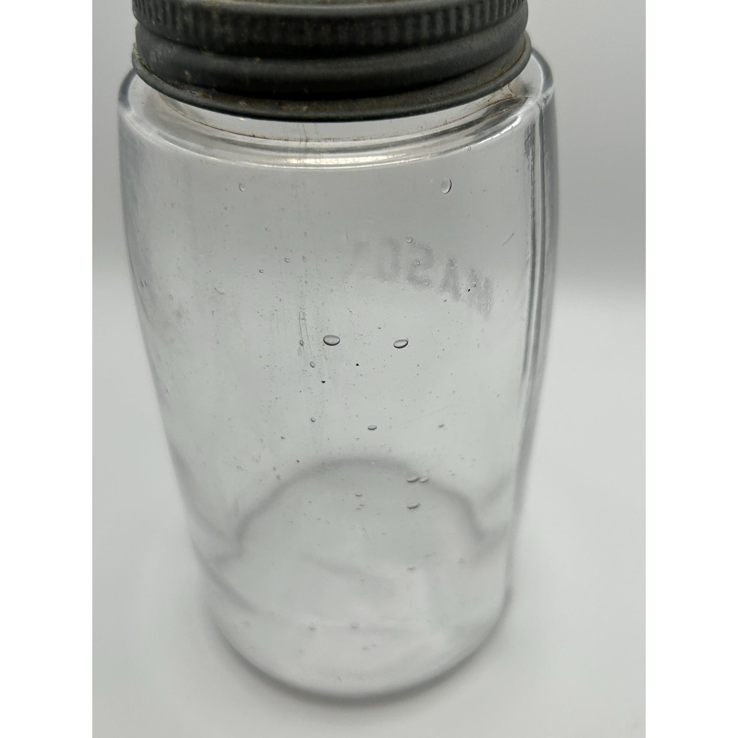 Vintage Mason Quart Fruit Jar Straight Line Clear Glass w/ Ball No. 10 Glass Lid. Gorgeous crisp embossing . With glass bubbles