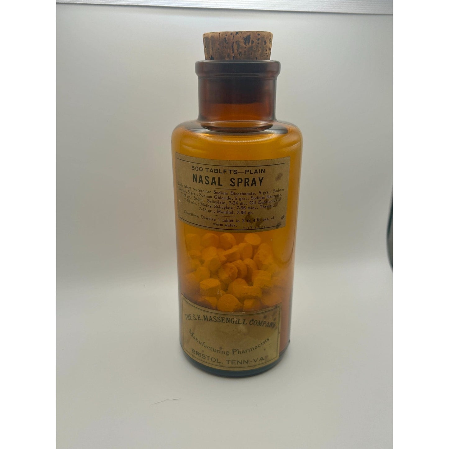 Antique Calcium Sulphide Medicine Bottle w/ Tablets & Cork, Amber