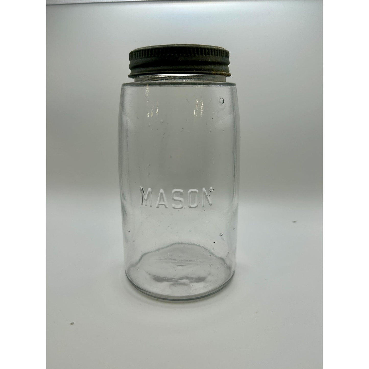 Vintage Mason Quart Fruit Jar Straight Line Clear Glass w/ Ball No. 10 Glass Lid. Gorgeous crisp embossing . With glass bubbles