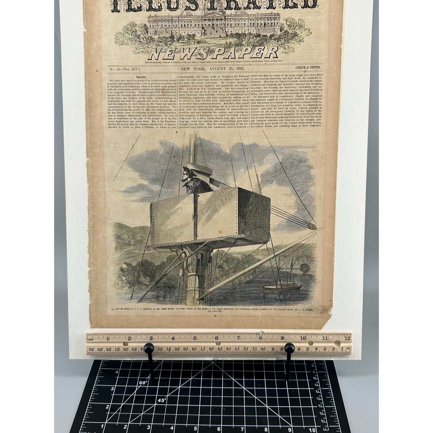 Antique Rare Civil War Newspaper 1862 Frank Leslie Illustrated Naval Masthead Lookout James River Union Warship Antique Print