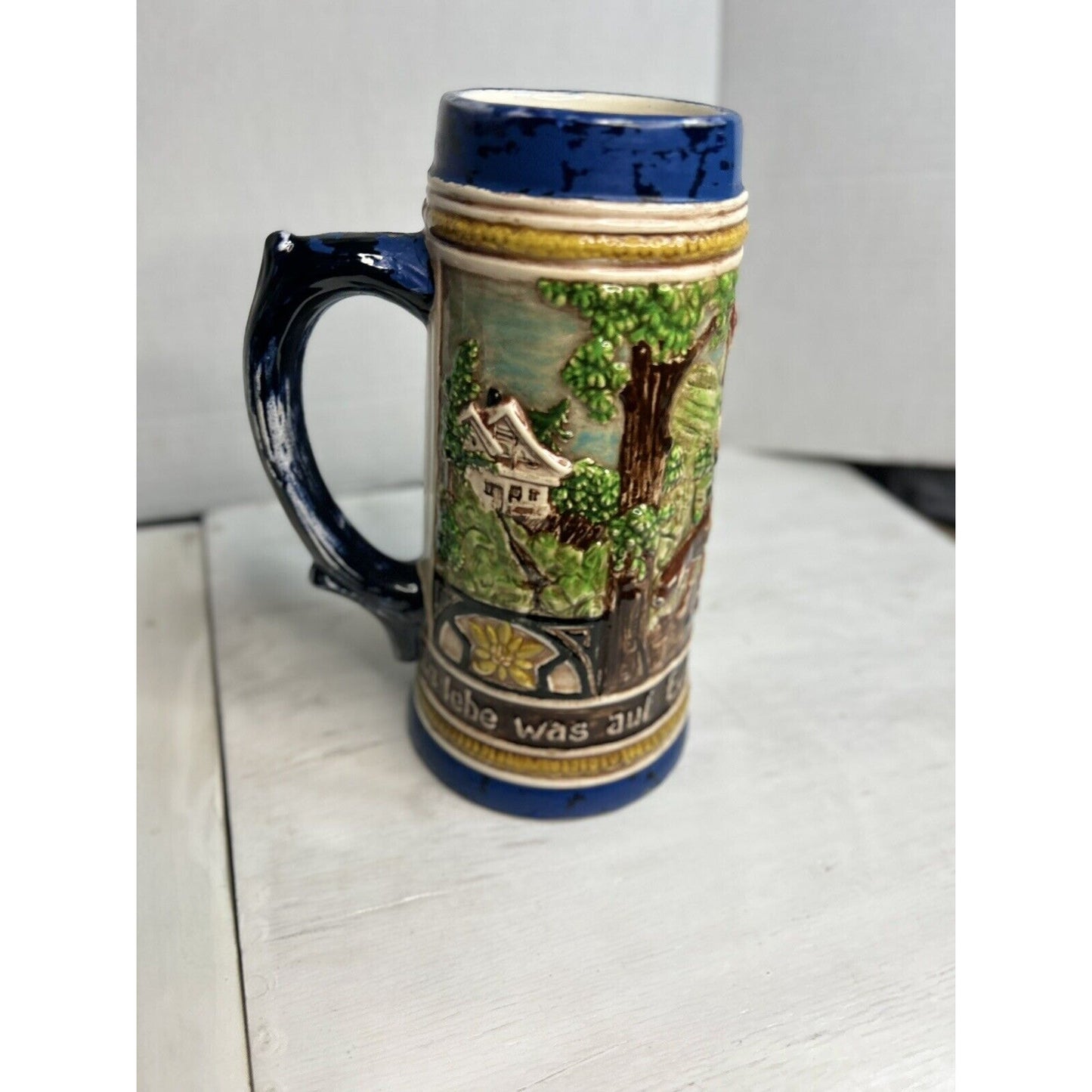 Antique German Holland Mold Stoneware Beer Stein. 8” Tall. Gorgeous Details!