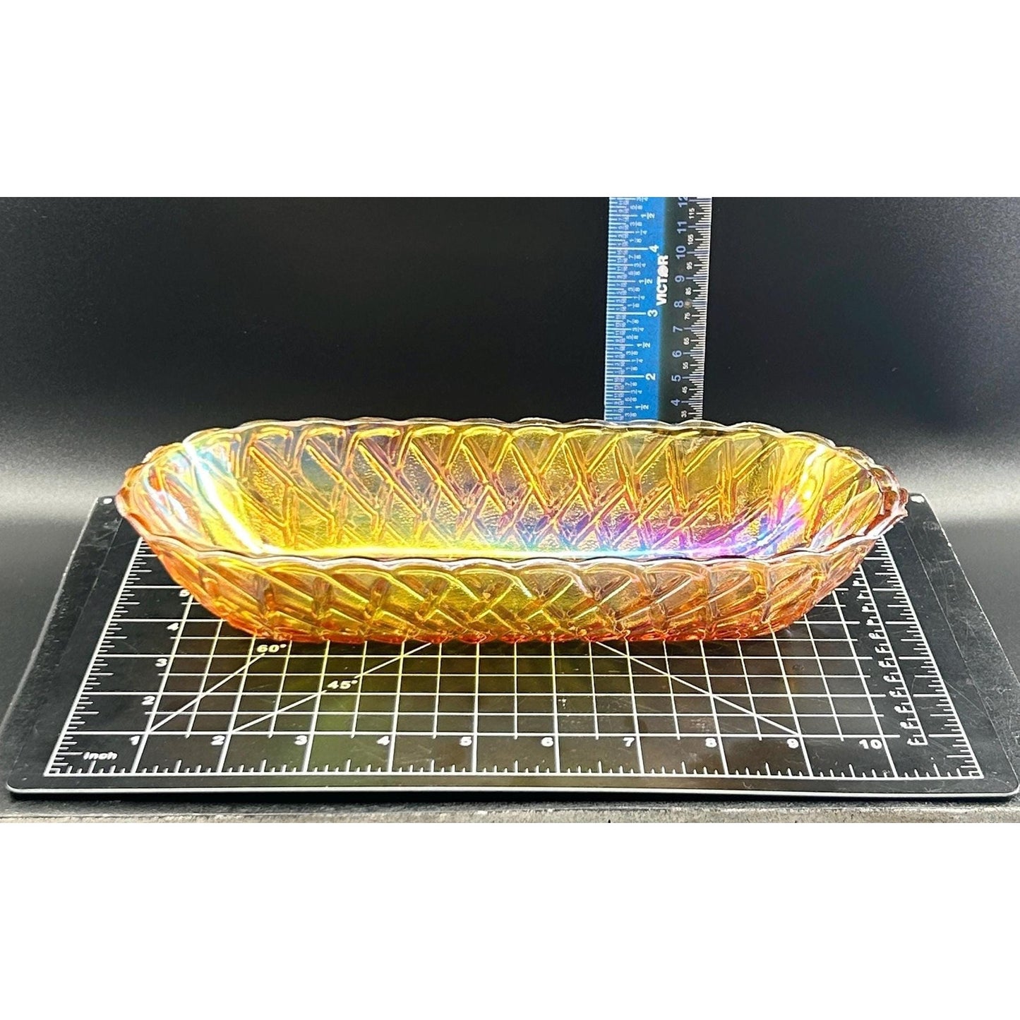 Vintage Indiana Carnival Glass Relish Tray – Marigold Iridescent Diamond Pattern