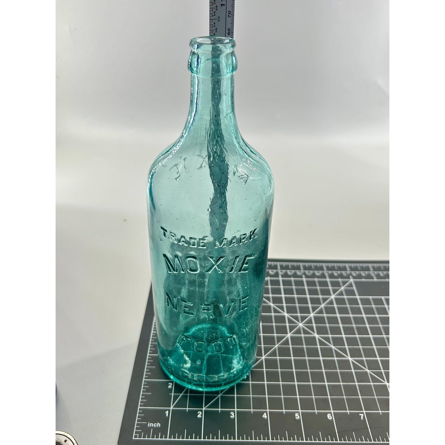 Antique Moxie Nerve Food Registered Bottle Aqua Glass Lowell MA Quack Medicine Soda Advertising Early 1900s Rare Display