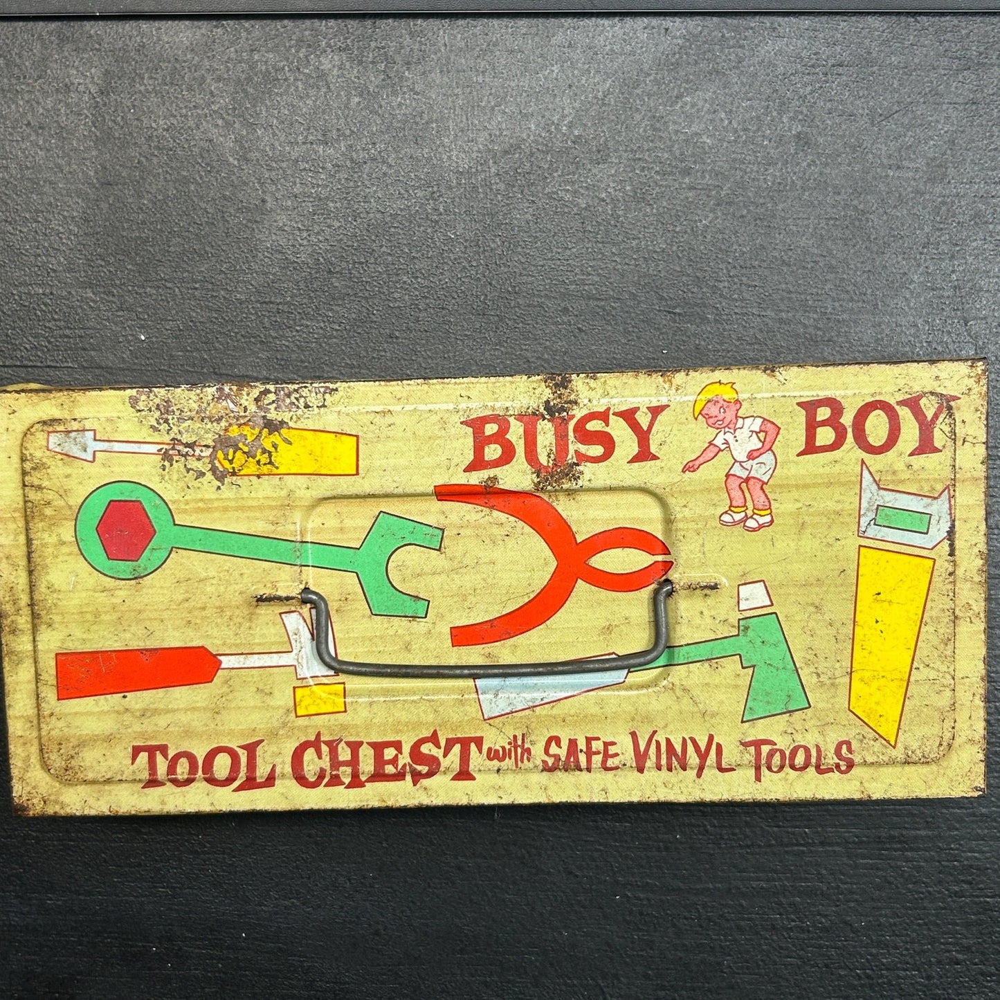 Vintage 1950s Busy Boy Tool Chest by Ohio Art • Tin Toy Tool Box with Retro Graphics • Safe Vinyl Tools • Mid Century Collectible tool toy